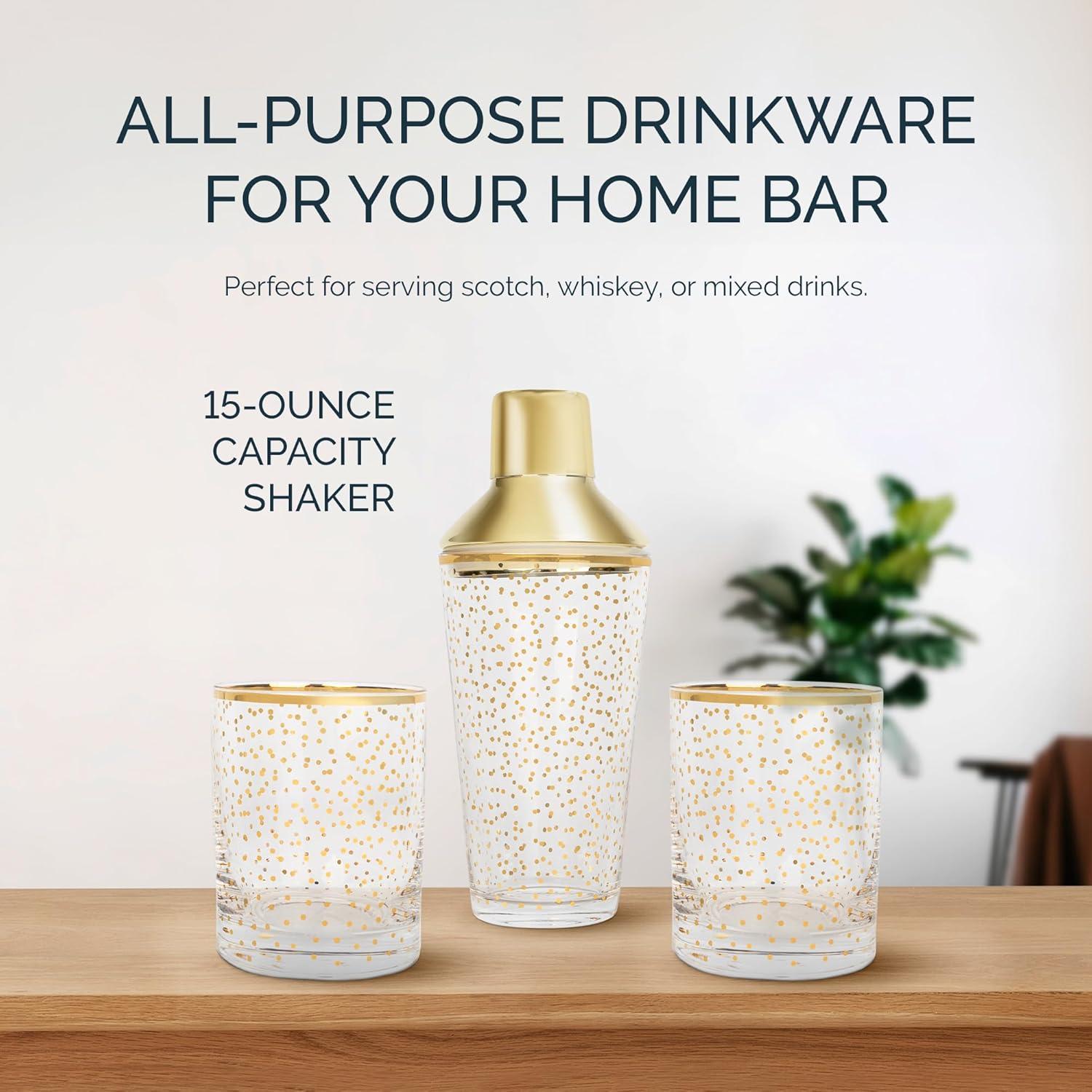 American Atelier Cocktail Shaker with 2 Rock Glasses 3-Piece Set, Home Bar Kit Old Fashioned Glasses for Whiskey and Bourbon, 15-Ounce Capacity Shaker, Gold