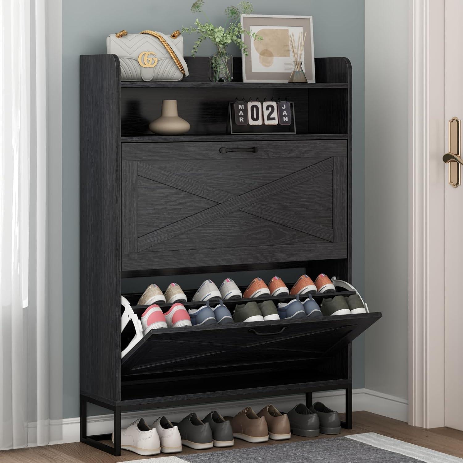 Shoe Cabinet with 2 Flip Drawers, Free Standing Tipping Bucket Shoe Rack Organizer with Adjustable Shelf, Shoe Storage Cabinet