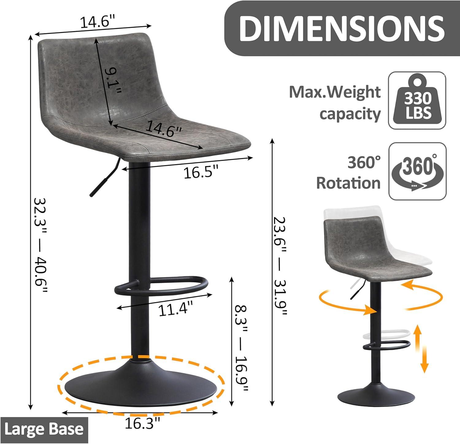 Adjustable Gray Leather Swivel Bar Stools with Metal Base, Set of 2