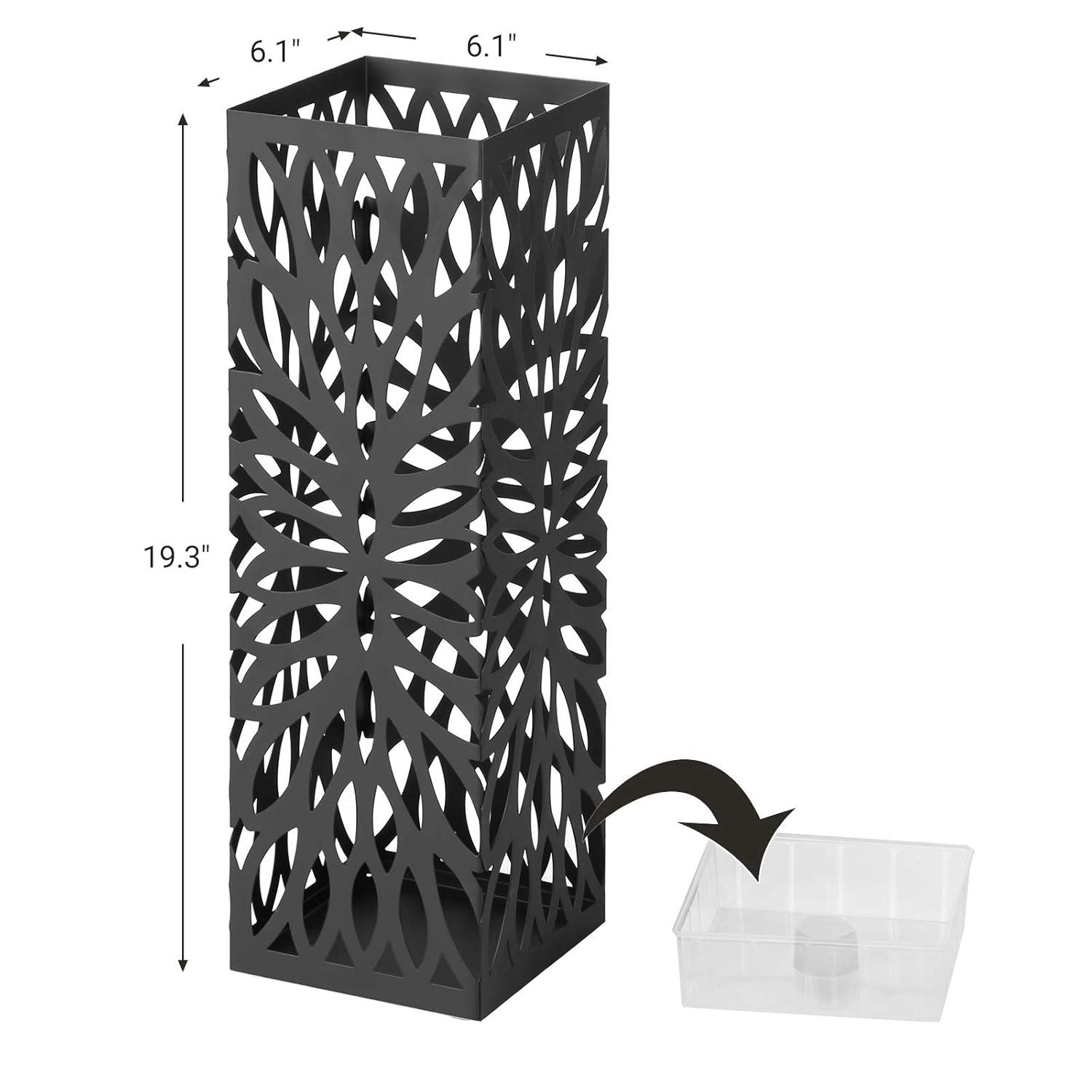 SONGMICS Umbrella Stand, Umbrella Holder for Entryway, Steel Square Umbrella Rack Organizer Freestanding, for Canes Walking Sticks, with a Detachable Drip Tray, 4 Hooks, Black ULUC48B