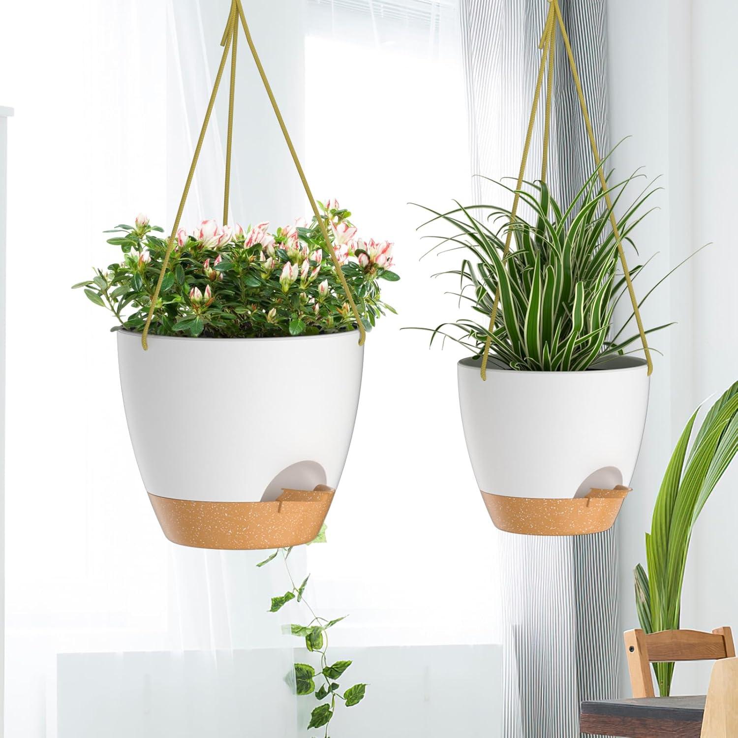 White and Terracotta Self-Watering Hanging Planters, 2-Pack