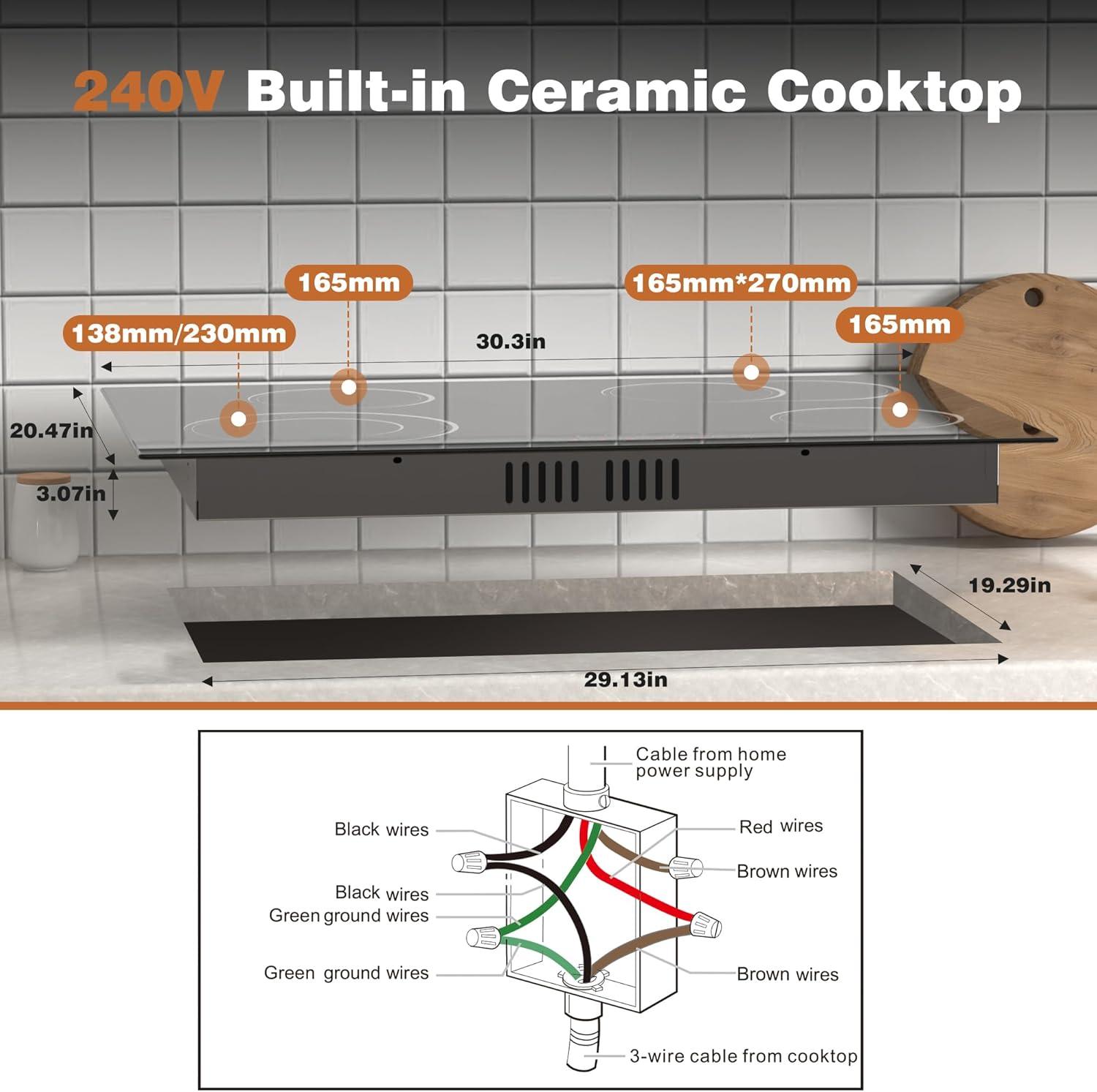 IsEasy 4 Burner Electric Cooktop 30 Inch Built-In Ceramic Cooktop Top, Electric Radiant Cooktop with Pause Function, Electric Stove Top, 220-240V 7200W, 9 Power Levels, Flexible Heating Zones