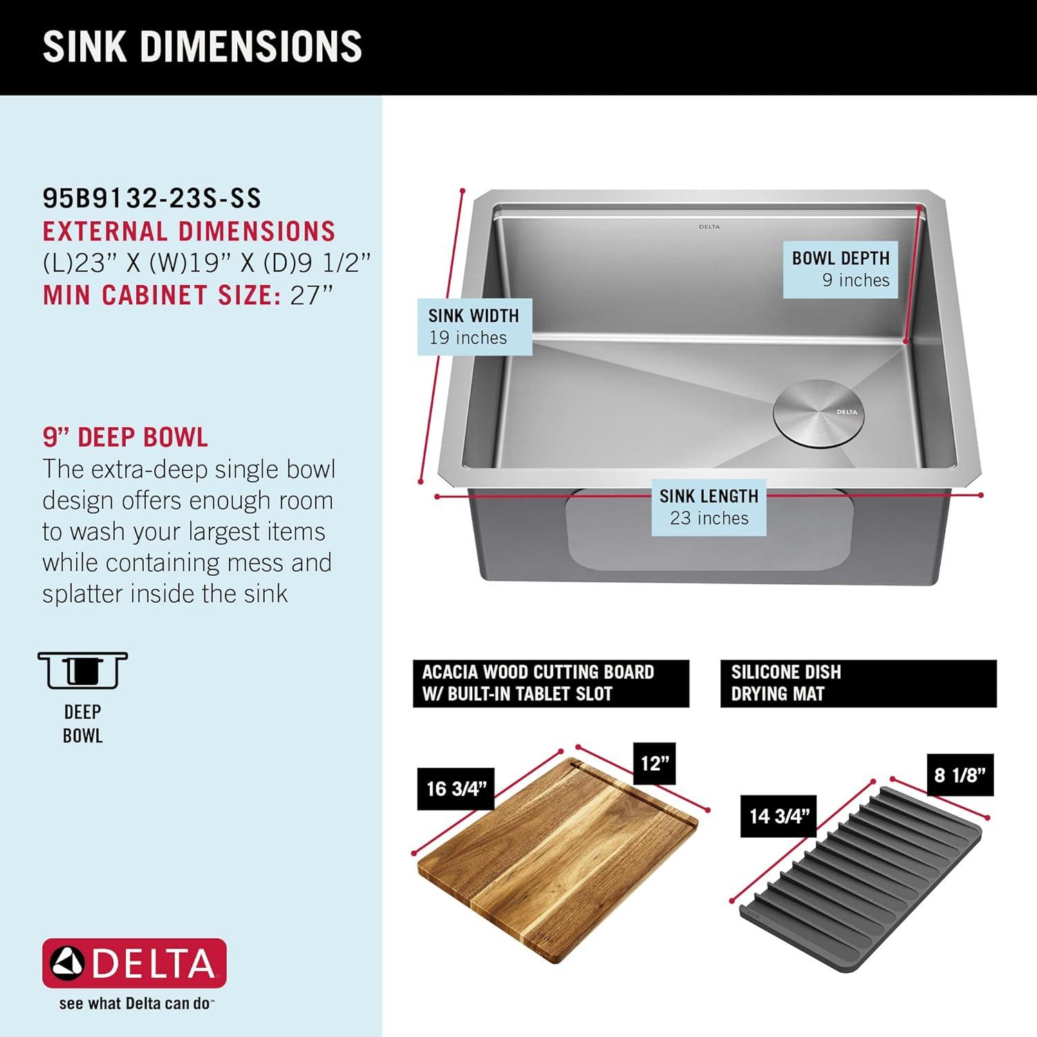 Delta Lorelai™ 23" L Workstation Kitchen Sink Undermount 16 Gauge Stainless Steel Single Bowl with WorkFlow™ Ledge