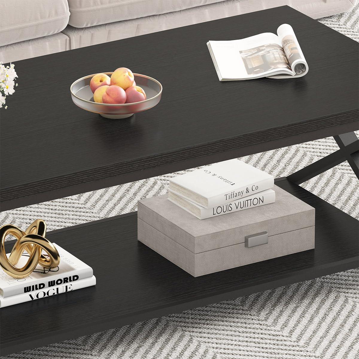 47 Inch Table with Storage Shelf, 2 Tier Rectangle Center Table Minimalist Home Tea Coffee Table