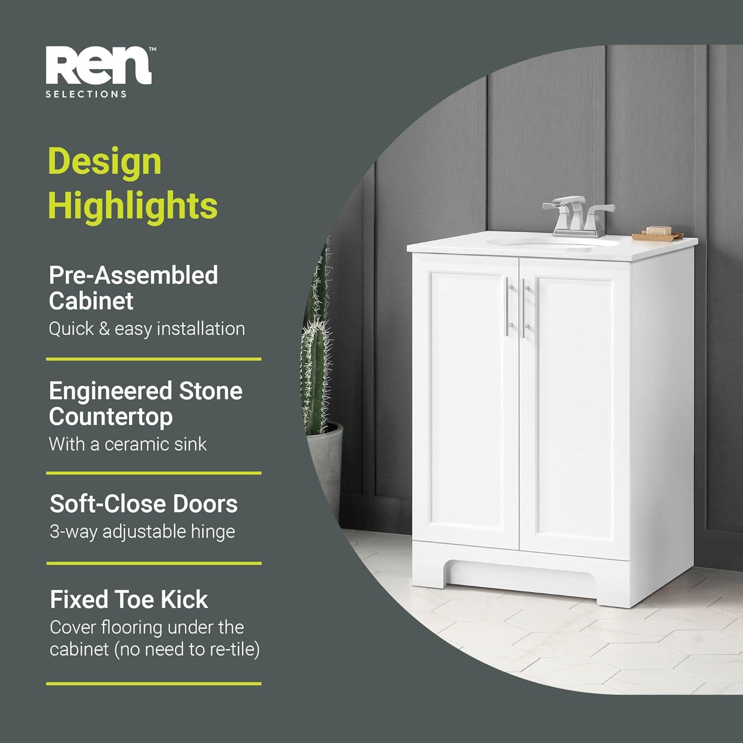 REN Selections Travis 24 in. White Single Bathroom Vanity with Undermount Oval Sink, and White Engineered Stone Countertop Included