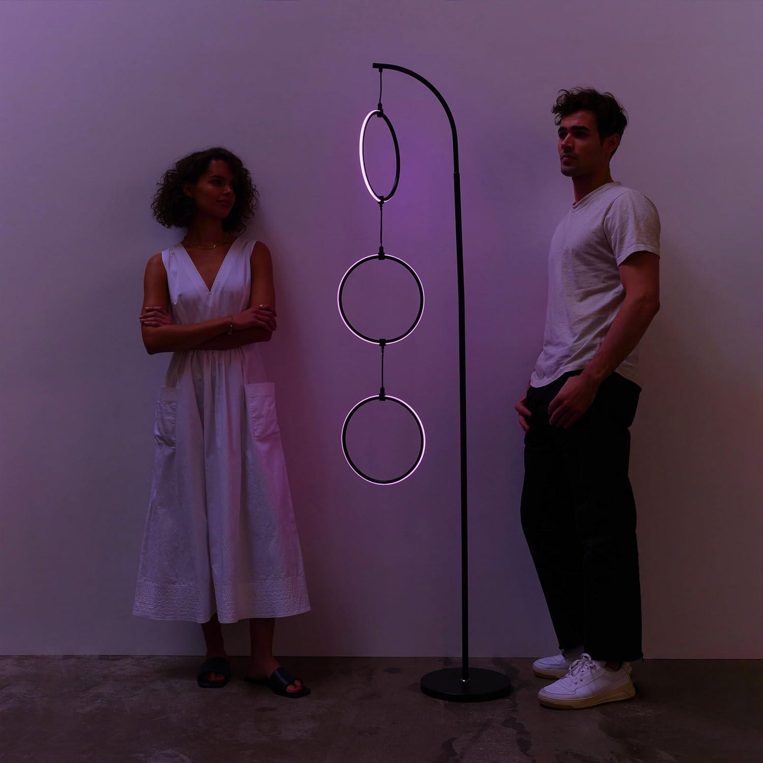 Brightech Nova 74 in. Novelty Industrial 3-Hanging Ring Light LED Standing Floor Lamp with Built-In Color Options