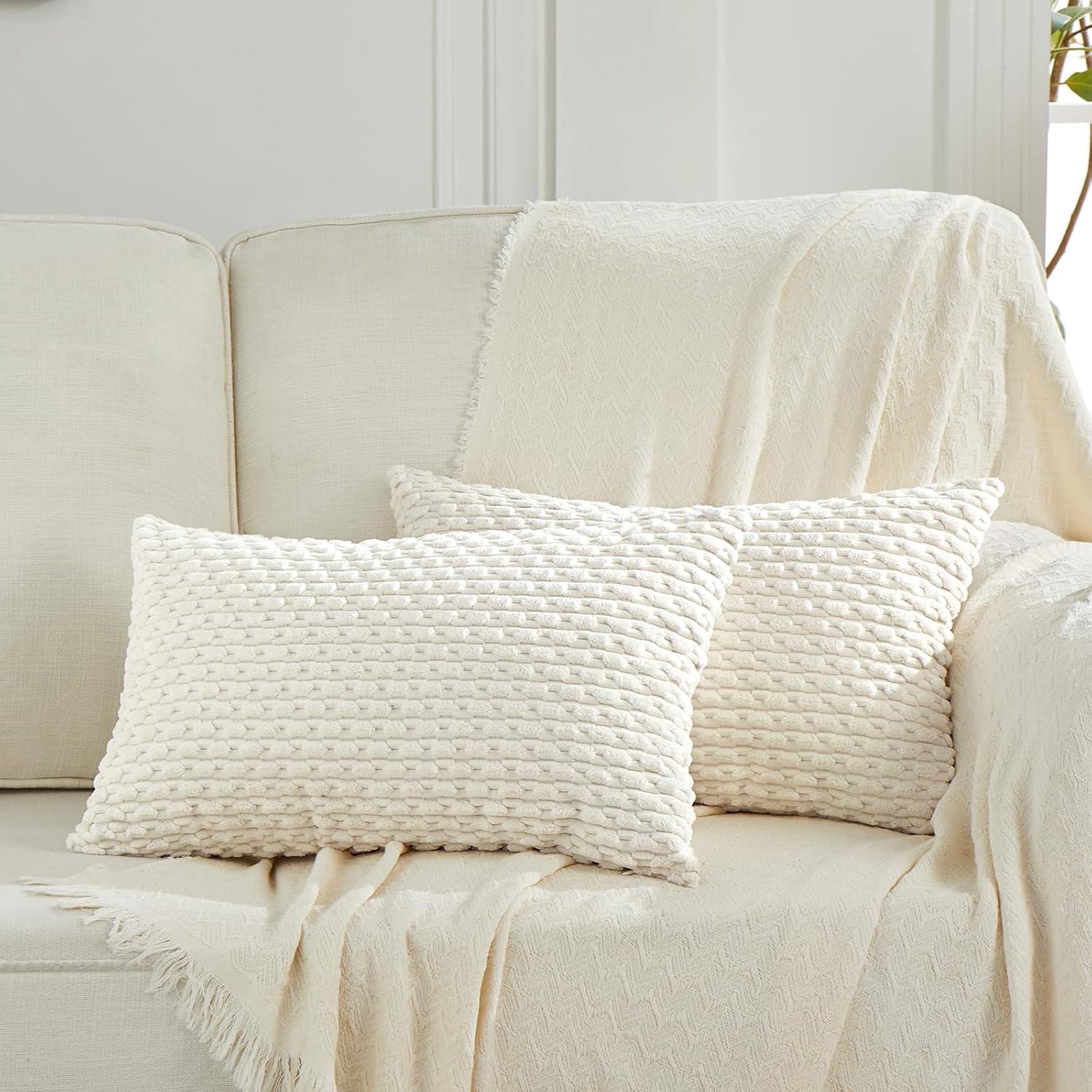 Boho Sage Green Striped Corduroy Pillow Covers - Set of 2 | Farmhouse Rectangle Cushion Cases for Sofa Couch Bed | Soft Decorative Throw Pillowcases - 12x20 Inch Home Decor