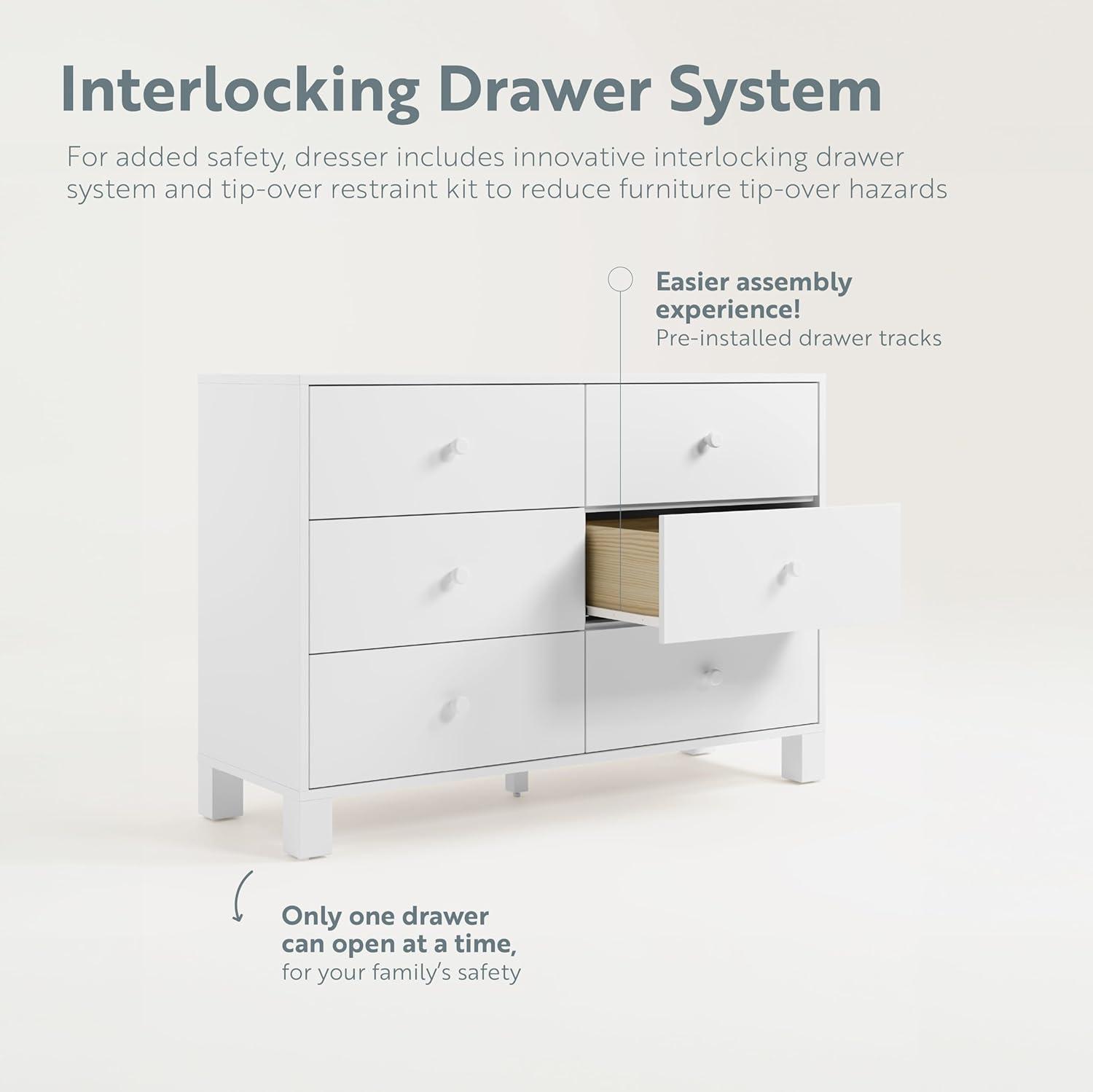 White Wood 6-Drawer Nursery Dresser with Safety Features