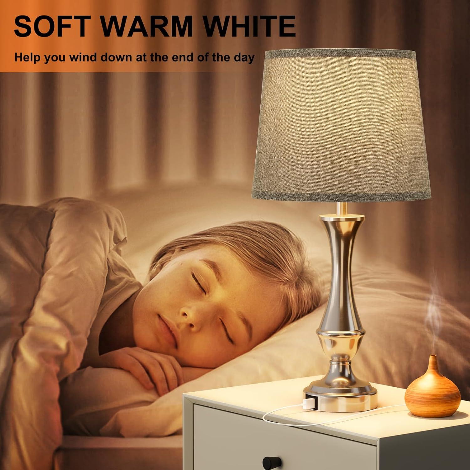 Upgraded Touch Lamps for Night Stands Set of 2 - Bedside Lamps with USB C+A, 3 Way Dimmable for Bedroom Living Room End Tables Office (Grey&Nickel)