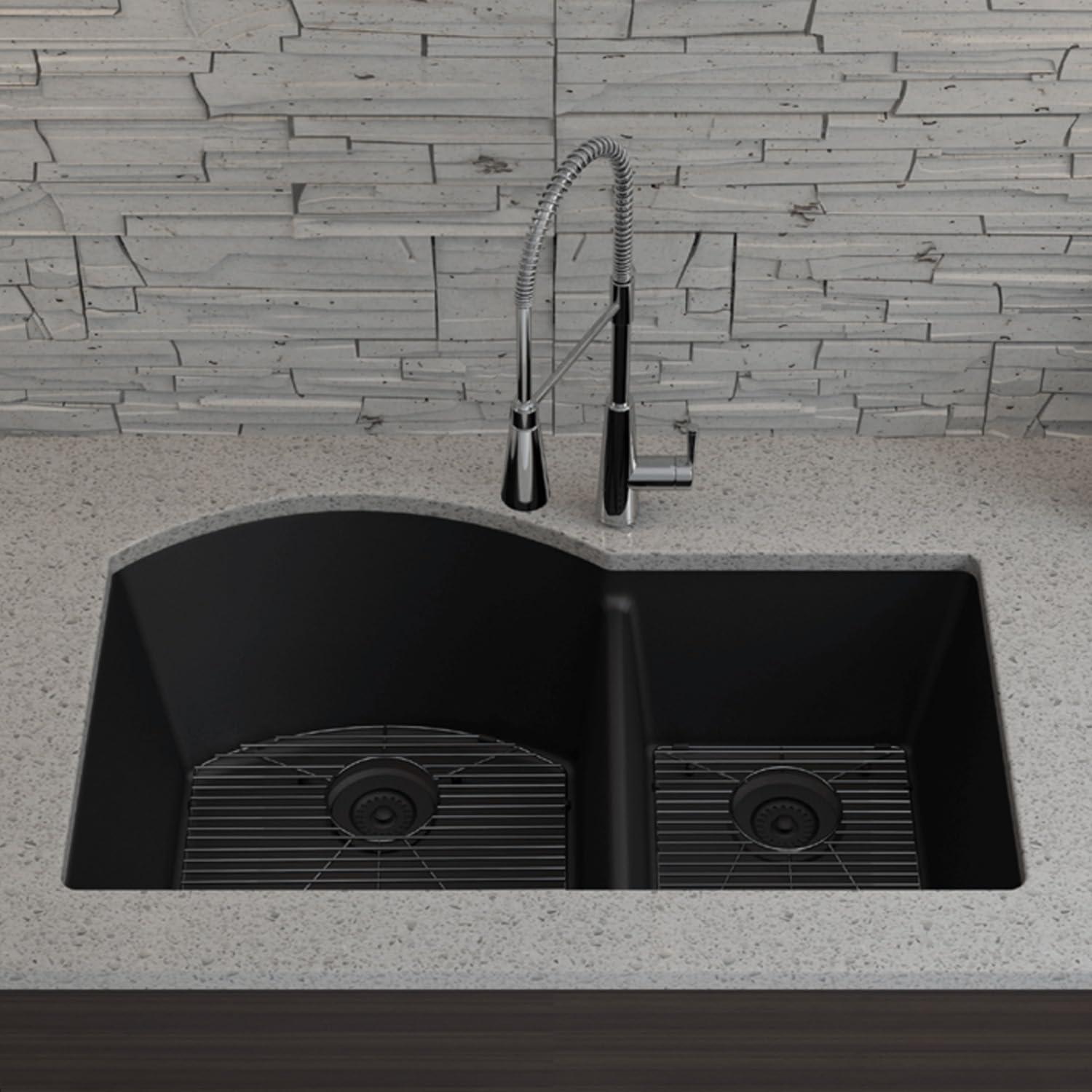 32" x 20" Quartz Kitchen Sink, 70/30 Double Bowl Sink, Drop-in Sink, Undermount Sink, Granite Kitchen Sink, with 2 Steel Grids and Basket Strainer, Disposal Flange