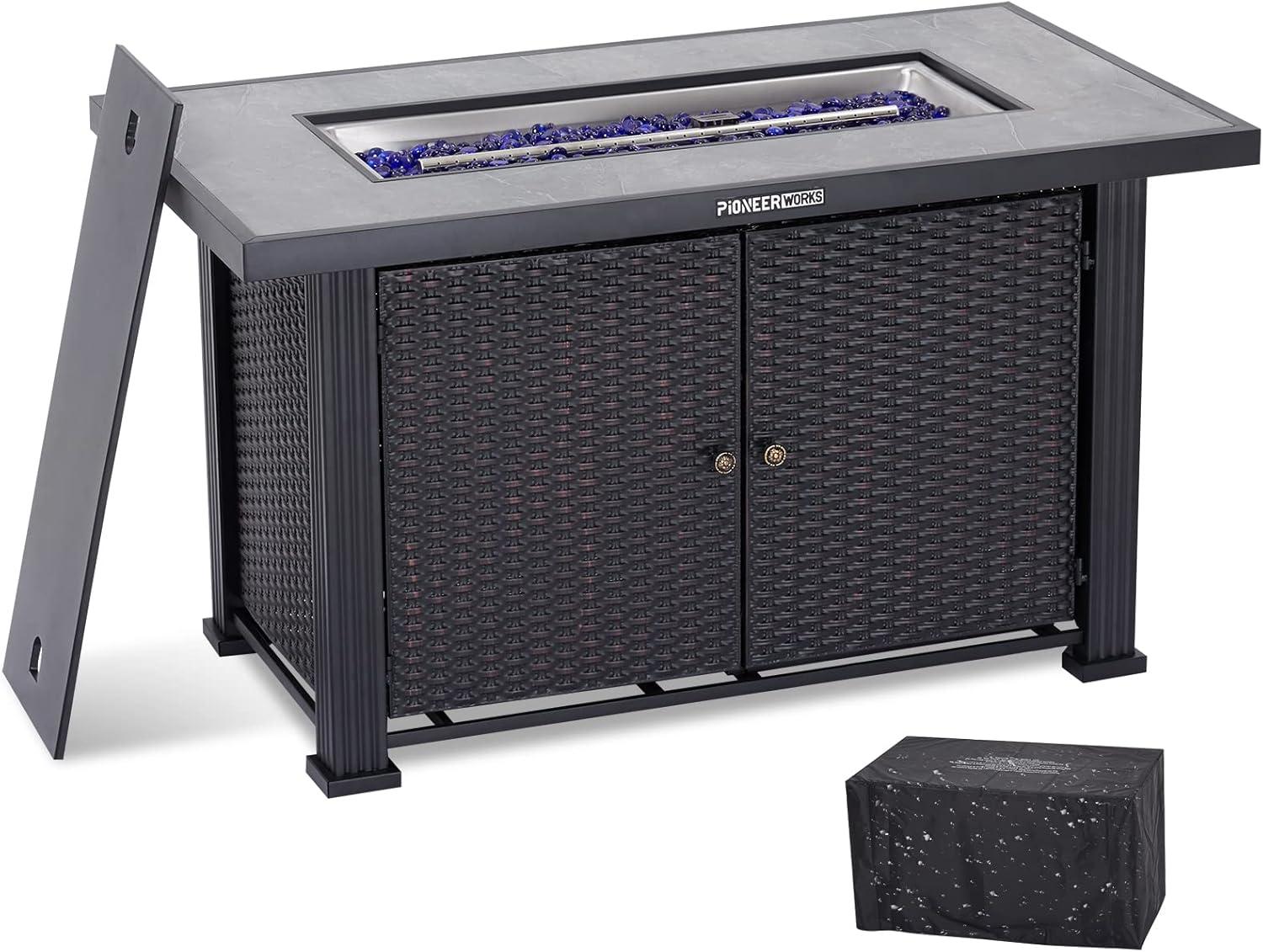 Propane Fire Pit Table 44Inch, 50000BTU Rectangle Fire Table with Cover, Adjustable Flame Auto Electronic Lgnition, Double Sided Door and Separate Storage Space