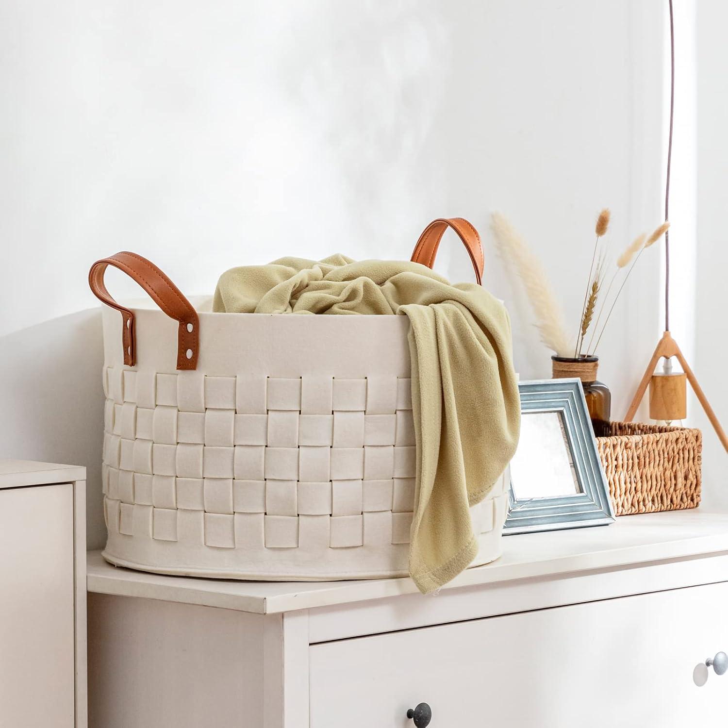 Laundry Basket 20" x20 x11.8, Large Round Blanket Basket with Leather Handle, Felt Storage Basket for Living Room, Nursery, Dog Toys-Dark Gray