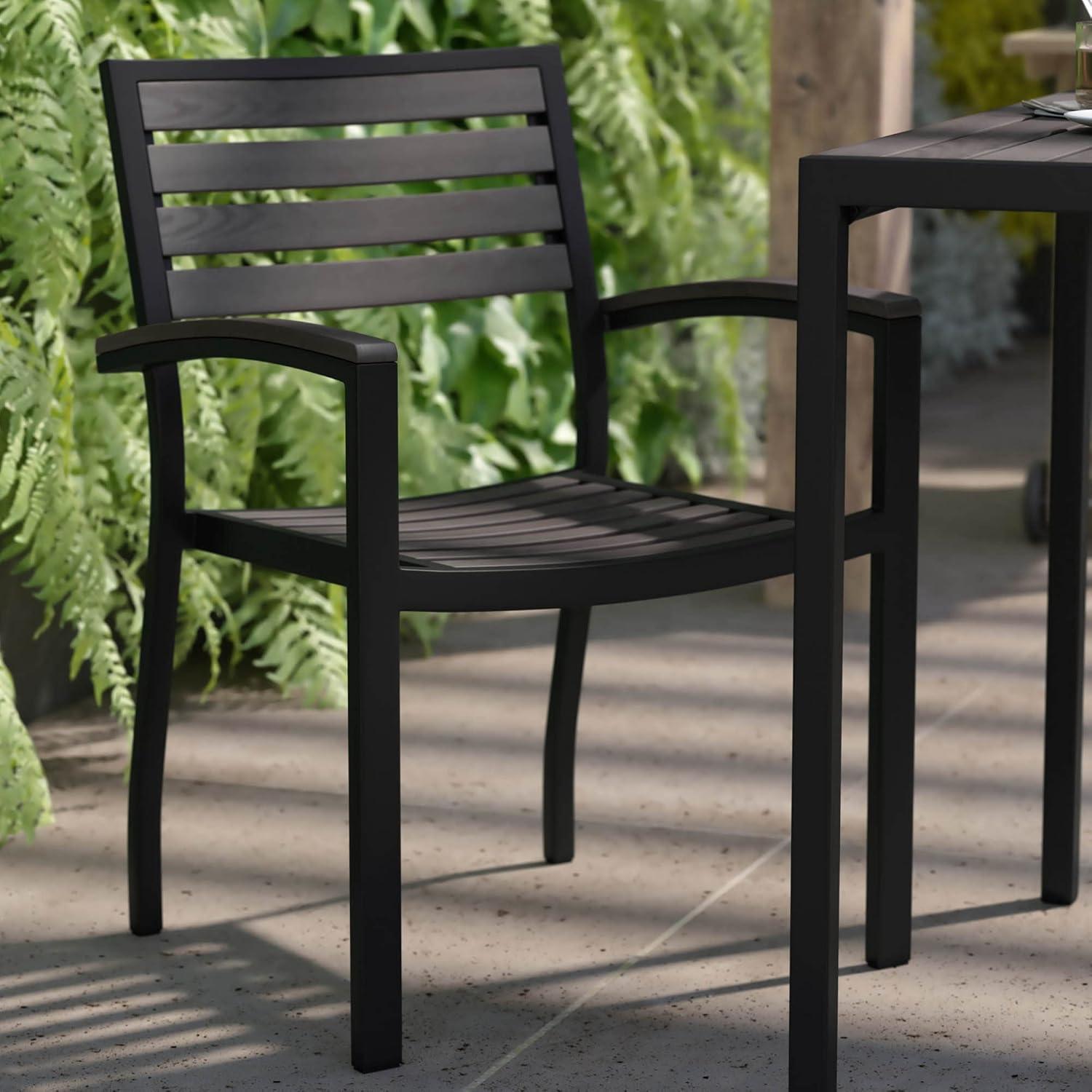 Flash Furniture 2 Pack All-Weather Black Aluminum Patio Stack Chairs - Gray Wash Faux Teak Slats