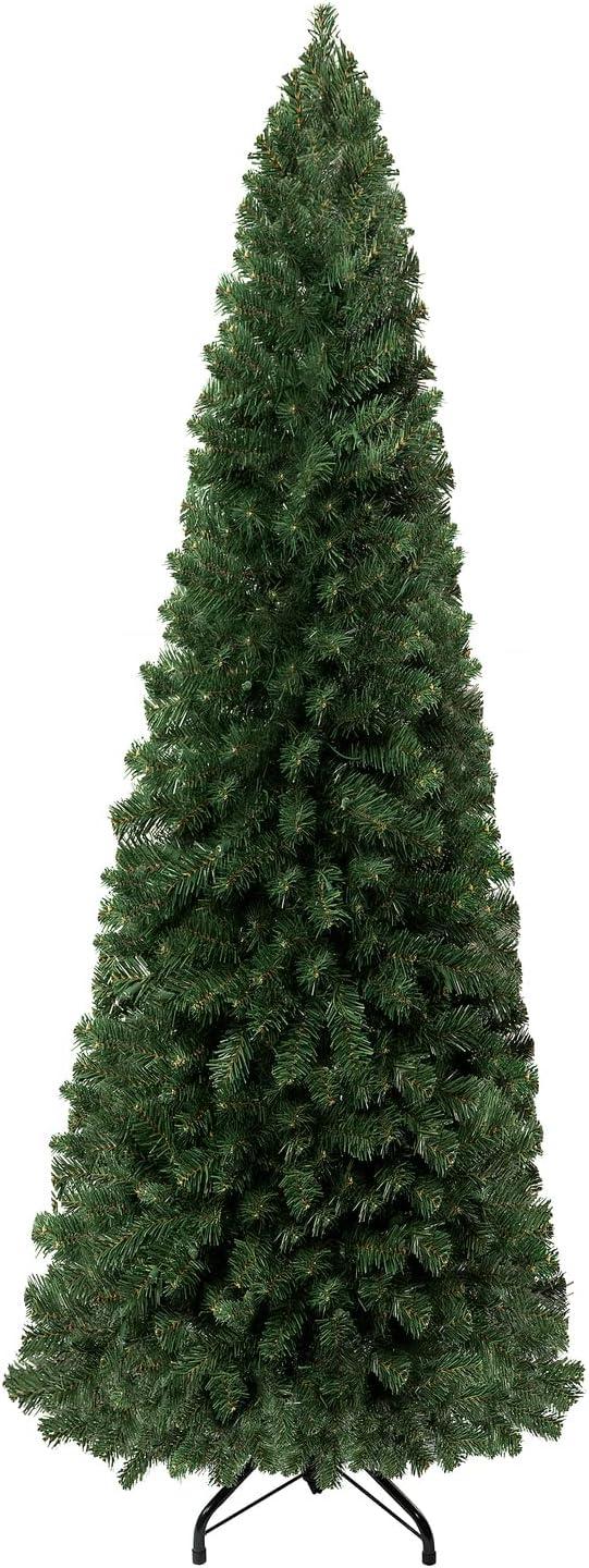 Vienna 7.5ft Prelit Slim Artificial Christmas Tree with 1102 Branch Tips, 350 Warm Lights and Metal Stand, 34" wide Realistic Skinny Pencil Christmas Tree with Lights by Naomi Home