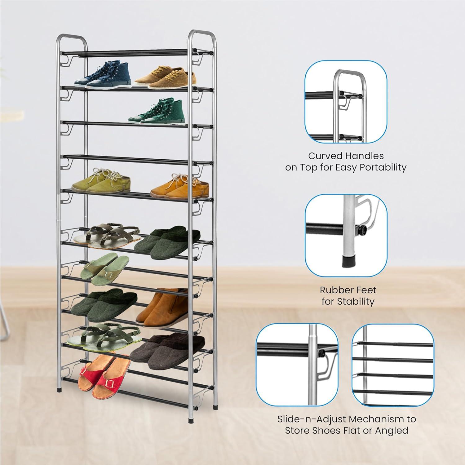 Tall Silver and Black Metal 10-Tier Shoe Rack