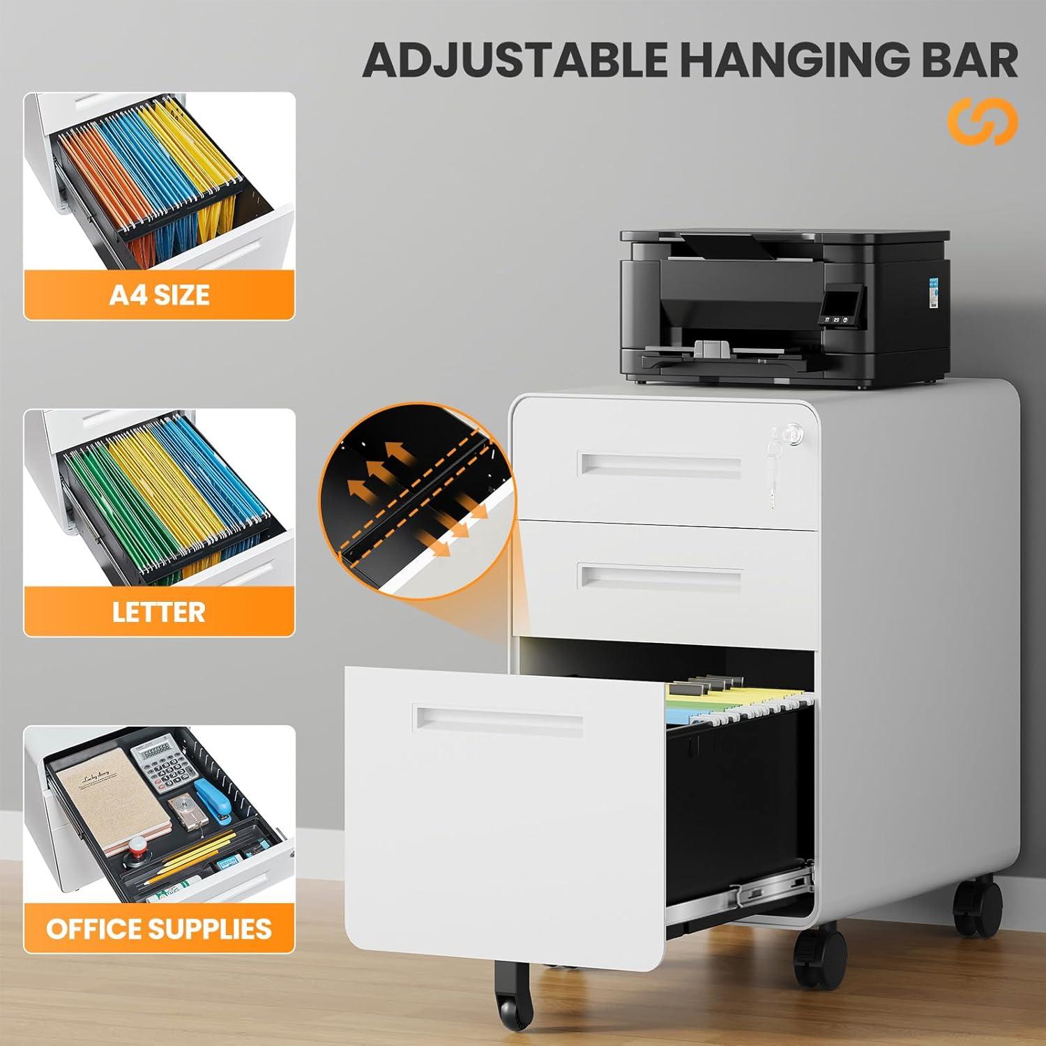 3 Drawer File Cabinet with Lock,Under Desk File Cabinet,White Rolling File Cabinet,Three Drawer Filing Cabinet for Home Office with Wheels,Fit A4/Letter/Legal File,Fully Assembled Except Casters