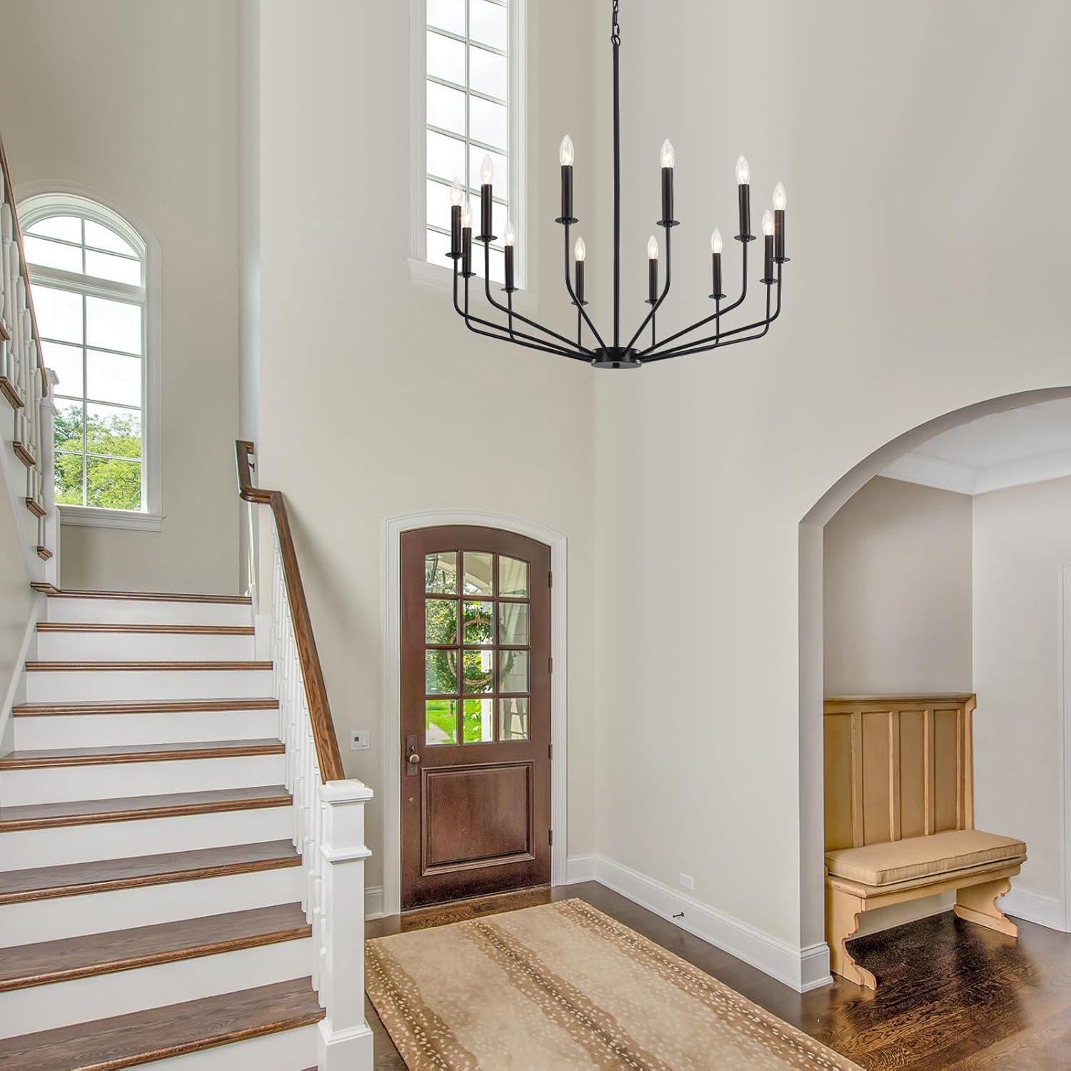 Farmhouse Black Large Chandelier Light Fixture for Dining Room,12 Light Round Matte Candle Modern Chandelier Pendant Light Fixture for Living Room Bedroom Kitchen Foyer Entryway.