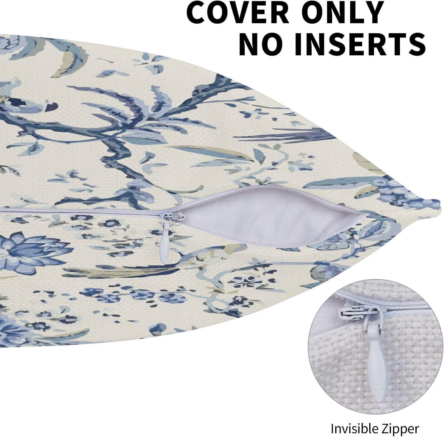 Chinoiserie Lumbar Pillow Covers 12 x 20 Set of 2 Birds Floral Linen Throw Pillow Cover Vintage White and Blue Farmhouse Decorative Pillowcases for Living Room Couch Bed Sofa Outdoor