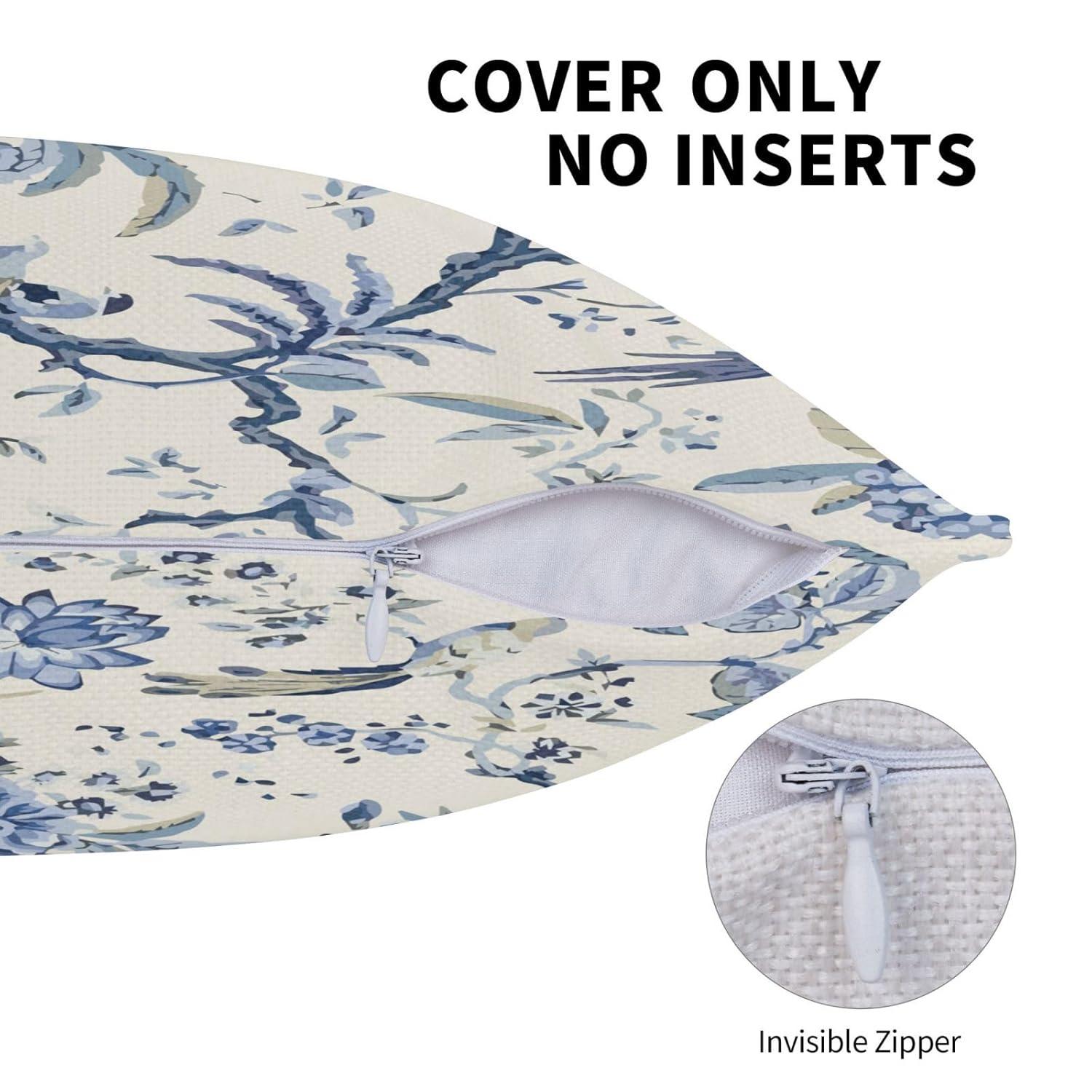 Chinoiserie Lumbar Pillow Covers 12 x 20 Set of 2 Birds Floral Linen Throw Pillow Cover Vintage White and Blue Farmhouse Decorative Pillowcases for Living Room Couch Bed Sofa Outdoor