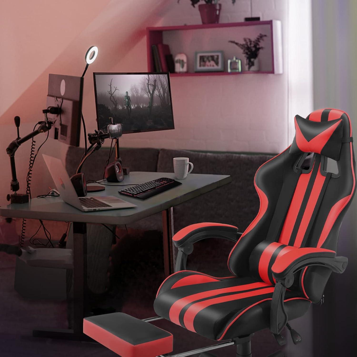 SOONTRANS Gaming Chair Massage Office Chair with Footrest, Ergonomic Swivel Gamer Chair with Lumbar Pillow & Headrest, Red