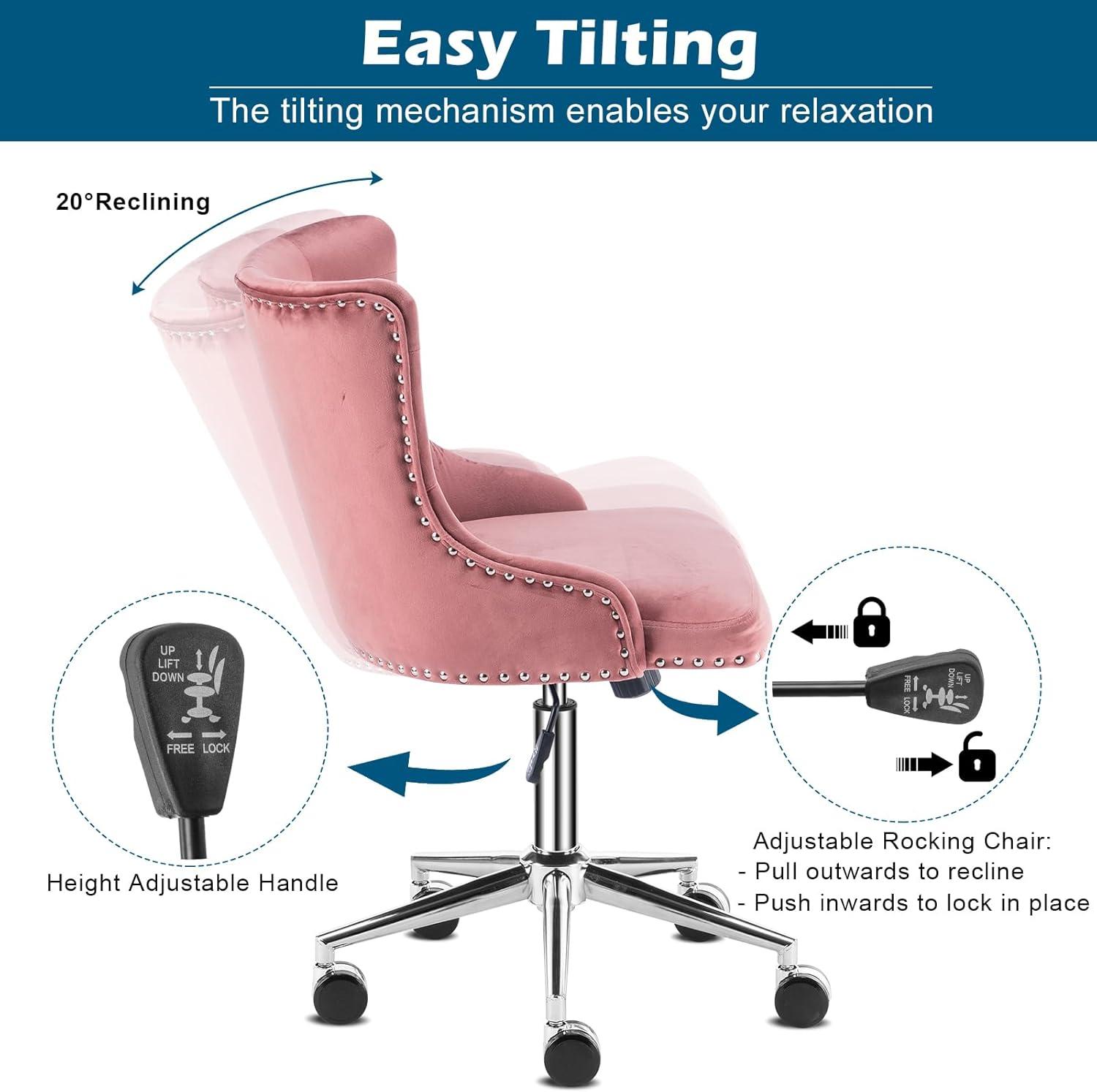 Pink Velvet Swivel Office Chair with Adjustable Height