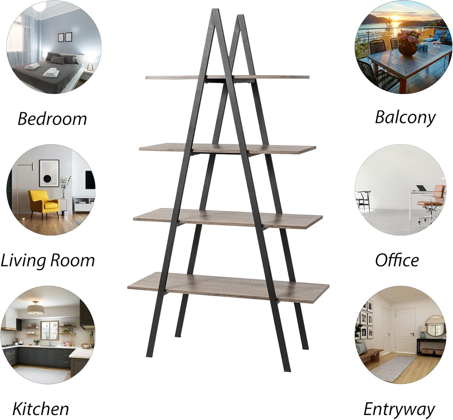 Glitzhome 64.5"H Modern Industry Wooden Oak Melamine 4-Tier Metal/ Wooden Leaning Bookcases & Ladder Shelves