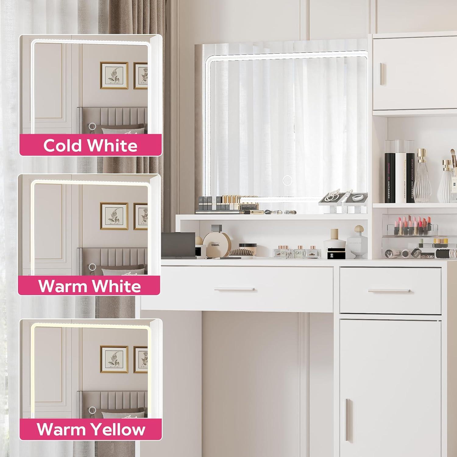 46.7" Vanity Desk with Mirror & LED Lights, Dressing Table with 2 Large Drawers & Vertical Organizer, 3-Tier Storage, 3 Adjustable Lighting Modes, Makeup Desk for Bedroom