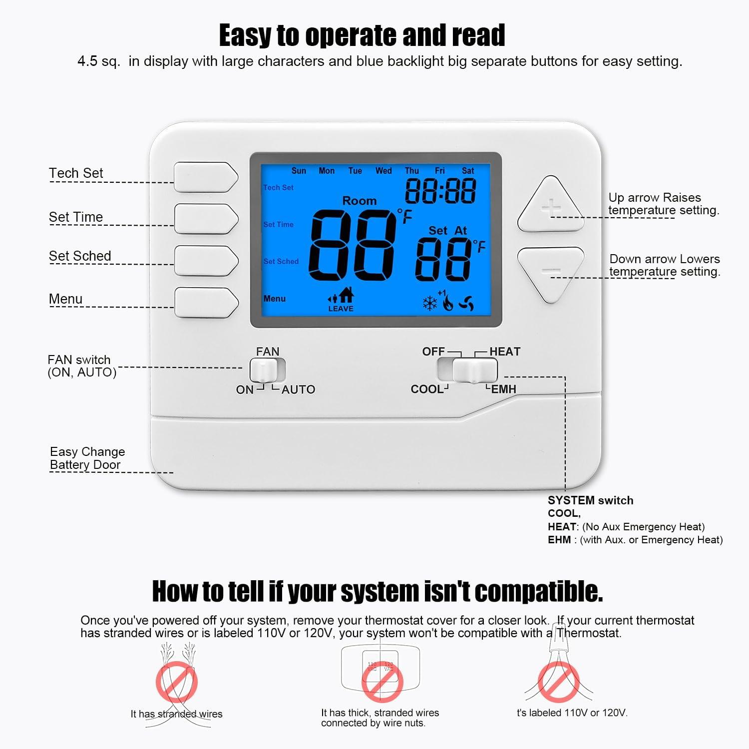 White Programmable Digital Heat Pump Thermostat with Mounting Hardware