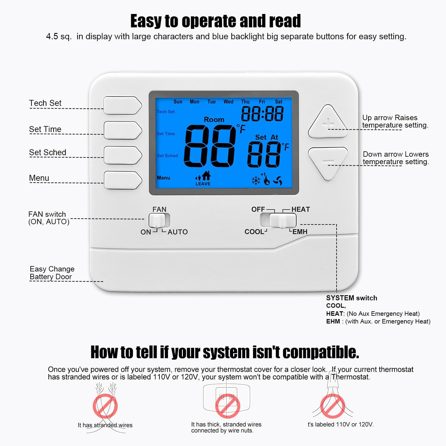 5-1-1 Day Programmable Thermostat for Home Conventional Single or Multistage Systems, up to 2 Heat/ 2 Cool, (with White Backlight)