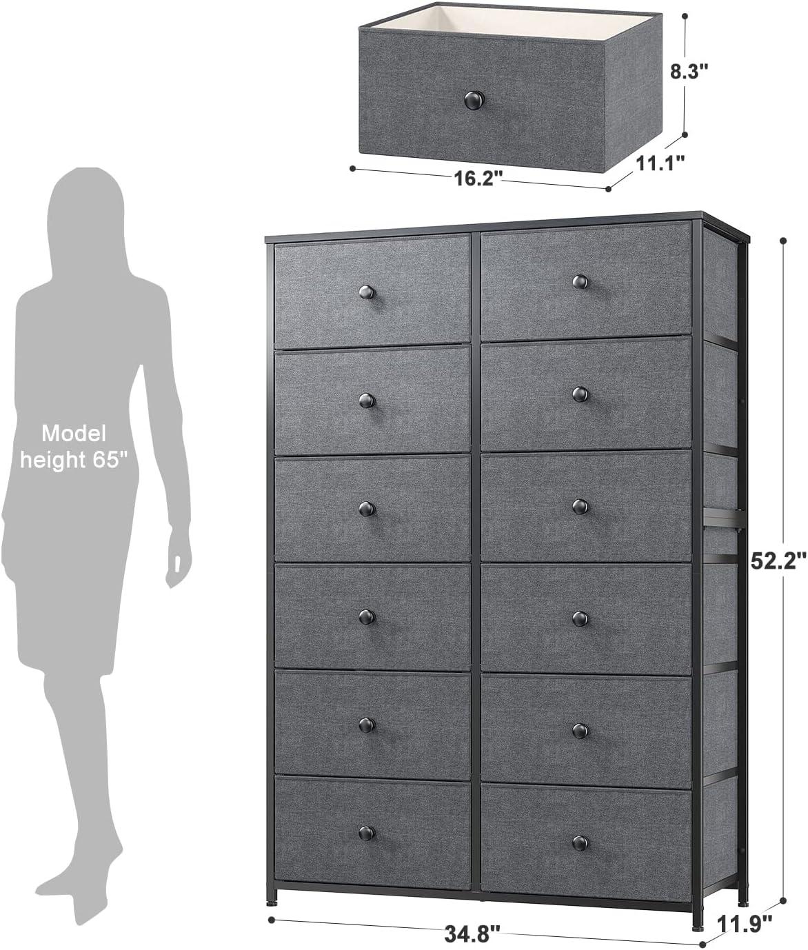 TiaGOC Dresser for Bedroom with 12 Drawers, Large Tall Dressers for Bedroom with Wooden Top and Metal Frame, Bedroom Dresser Dressers & Chests of Drawers Clearance, 40.6" W x 11.8" D x 43.7" H, Gray