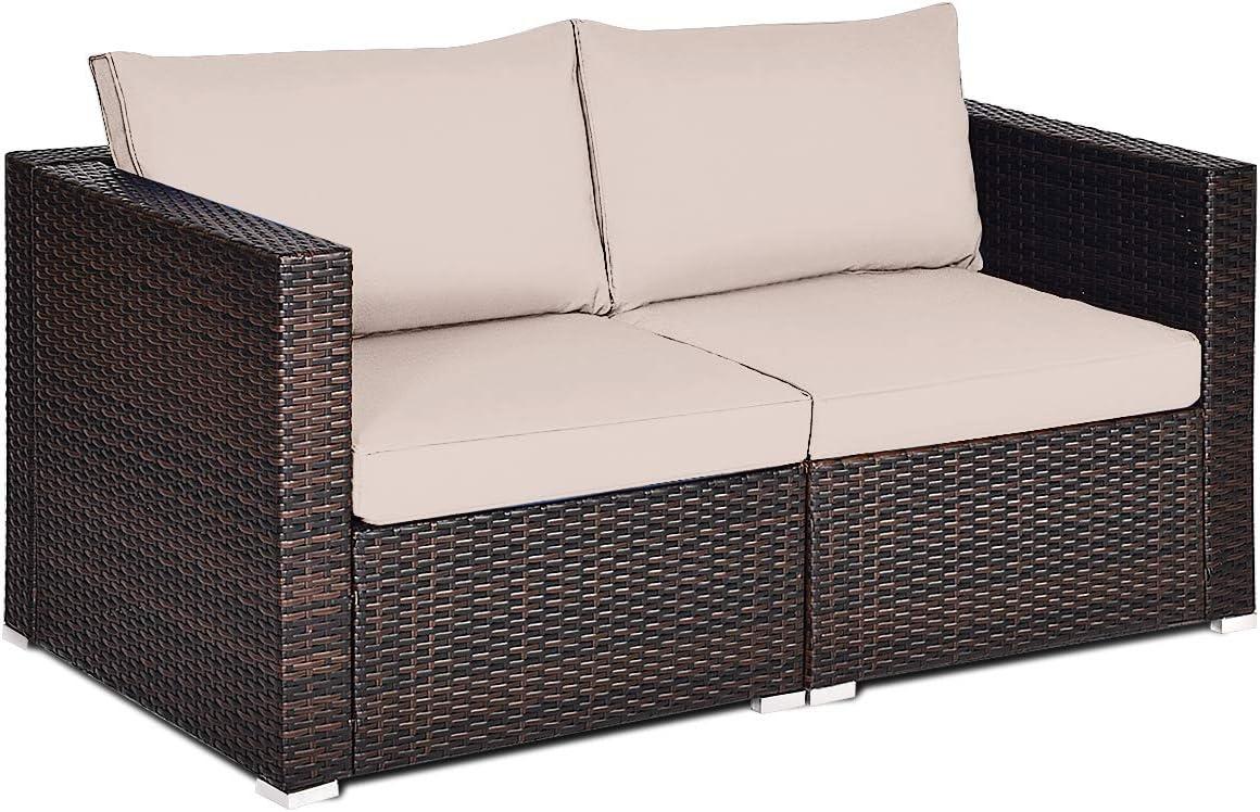 Tangkula 2PCS Rattan Corner Sofa Set Patio Outdoor Furniture Set w/ 4 Beige Cushions