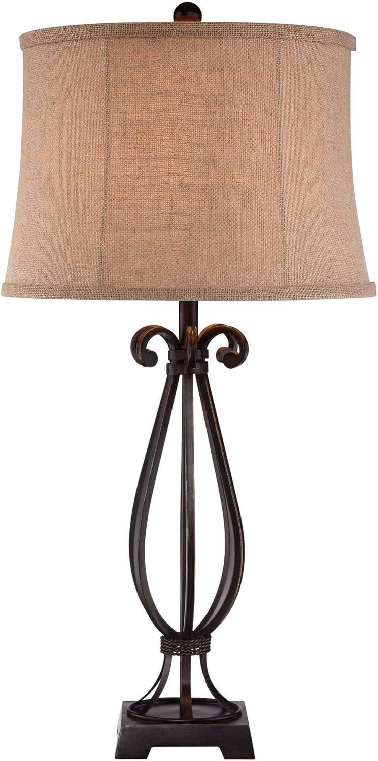 Regency Hill Taos Traditional Table Lamp 32" Tall Iron Open Scroll Base Neutral Burlap Shade for Bedroom Living Room Bedside Nightstand Office Kids