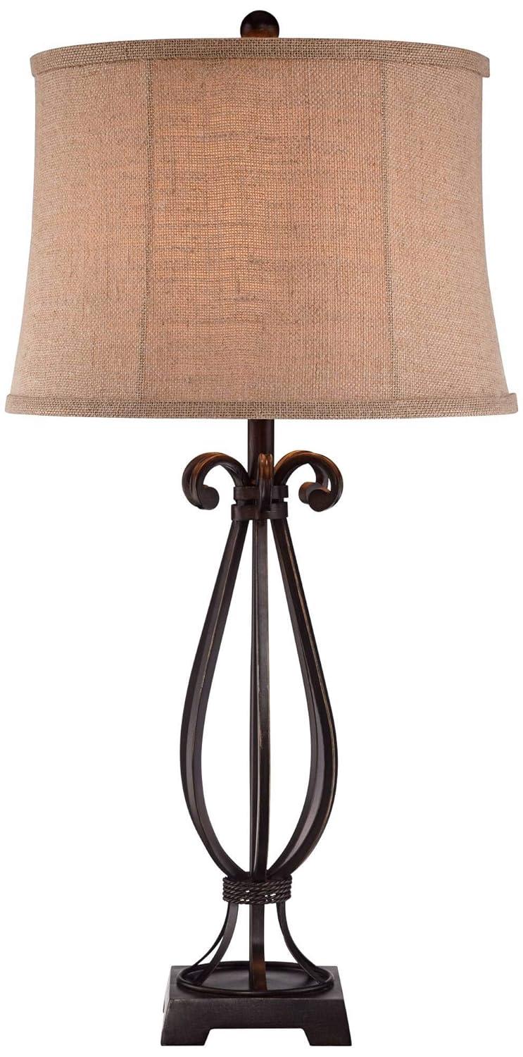 Regency Hill Taos Traditional Table Lamp 32" Tall Iron Open Scroll Base Neutral Burlap Shade for Bedroom Living Room Bedside Nightstand Office Kids
