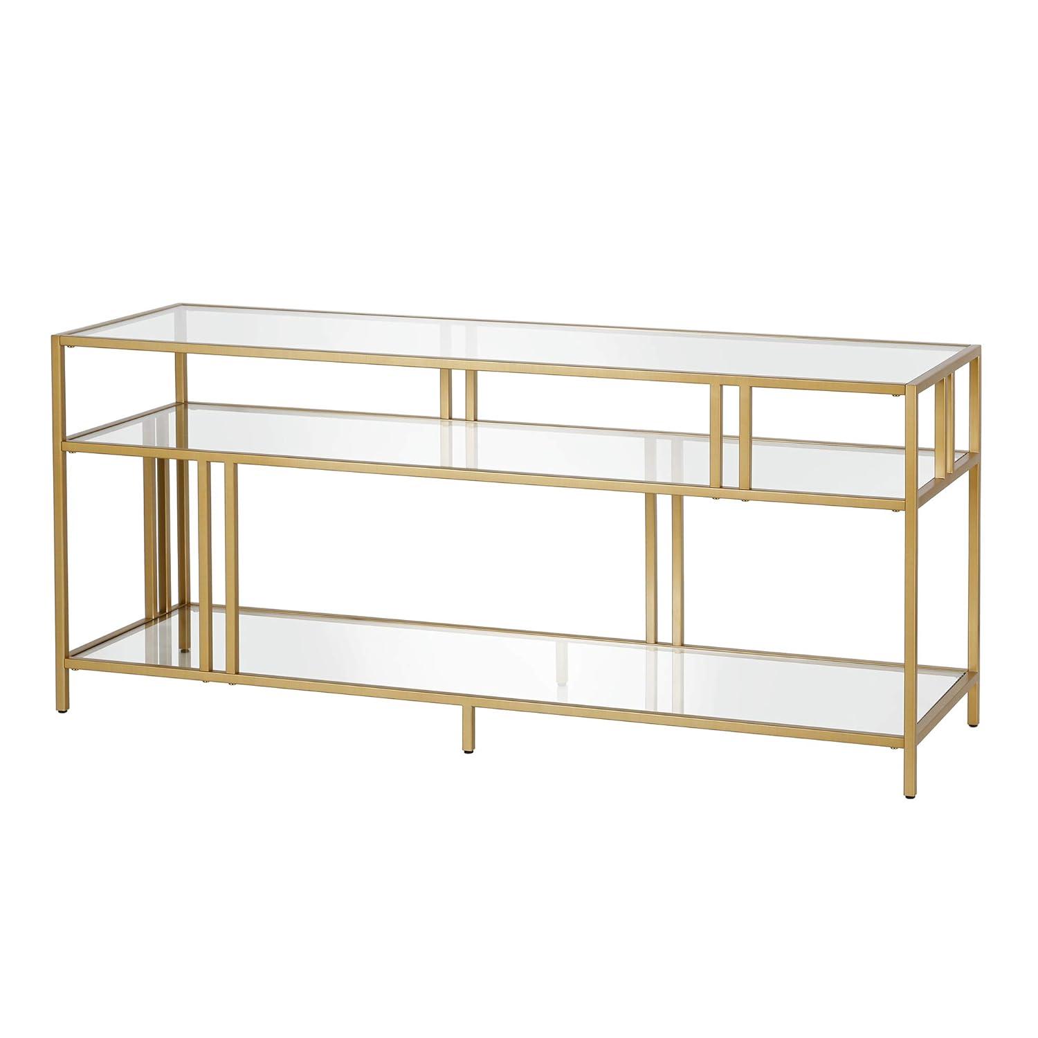 Evelyn&Zoe Cortland 48" Wide Rectangular Console Table with Glass Shelves, Brass