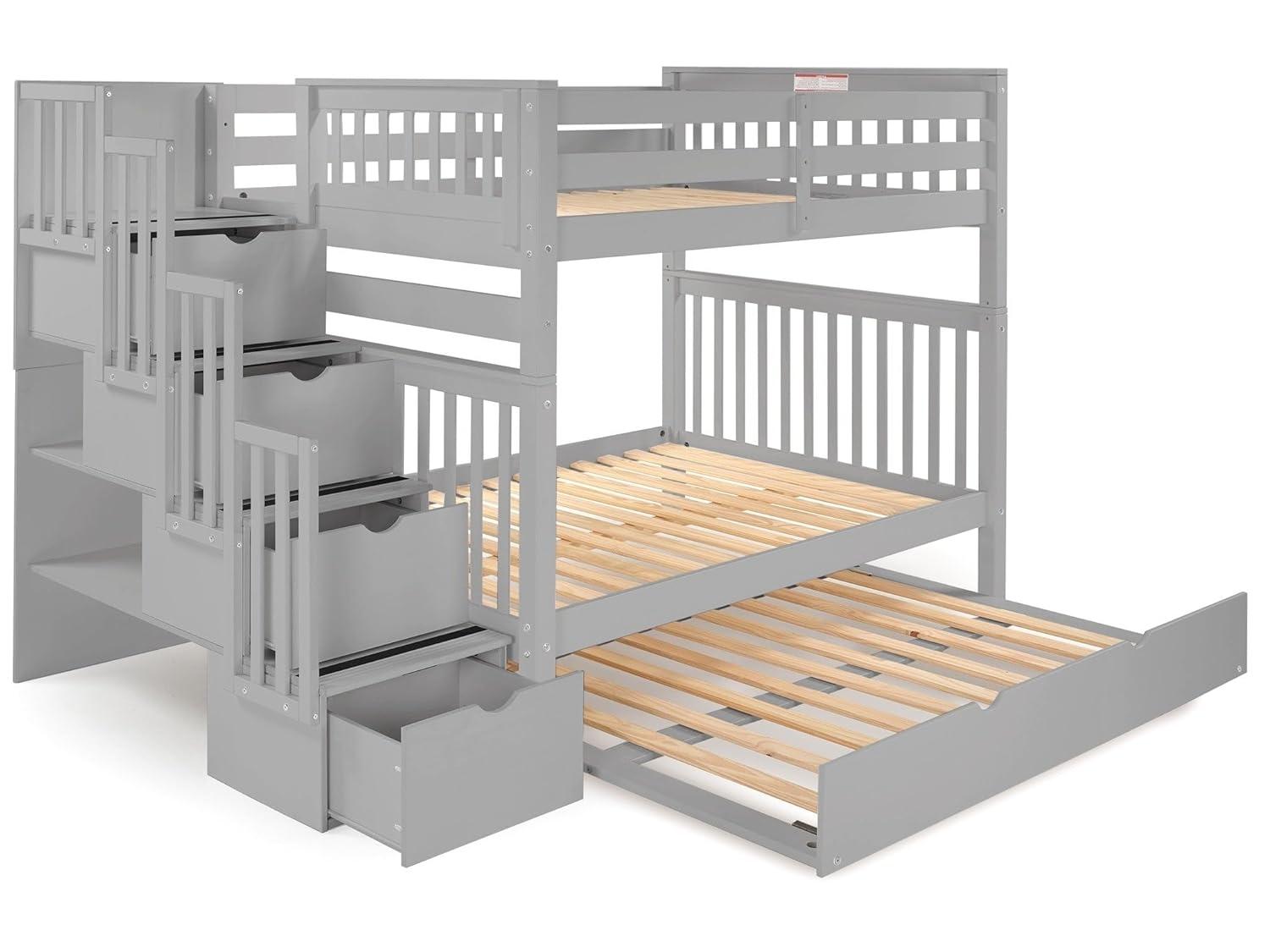 Bedz King Stairway Bunk Beds Full over Full with 4 Drawers in the Steps and a Full Trundle, Gray