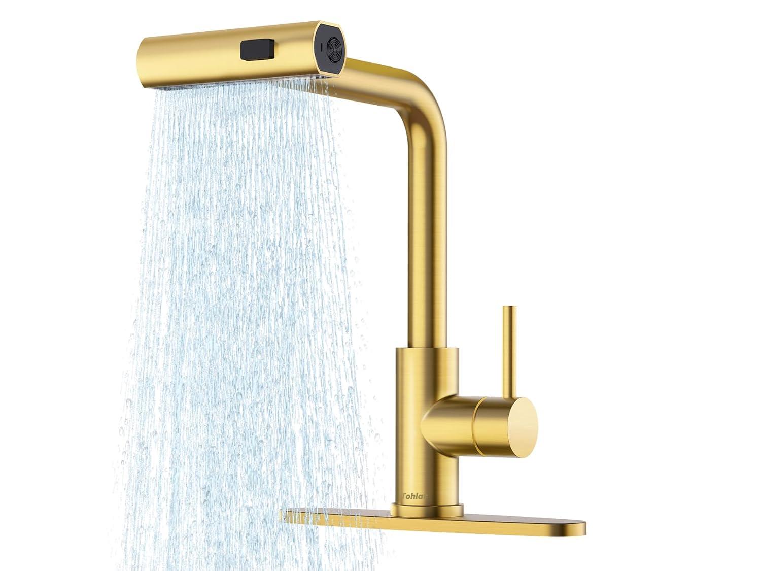Waterfall Kitchen Faucet with Pull Down Sprayer, Stainless Kitchen Faucet with Sprayer 3 Modes