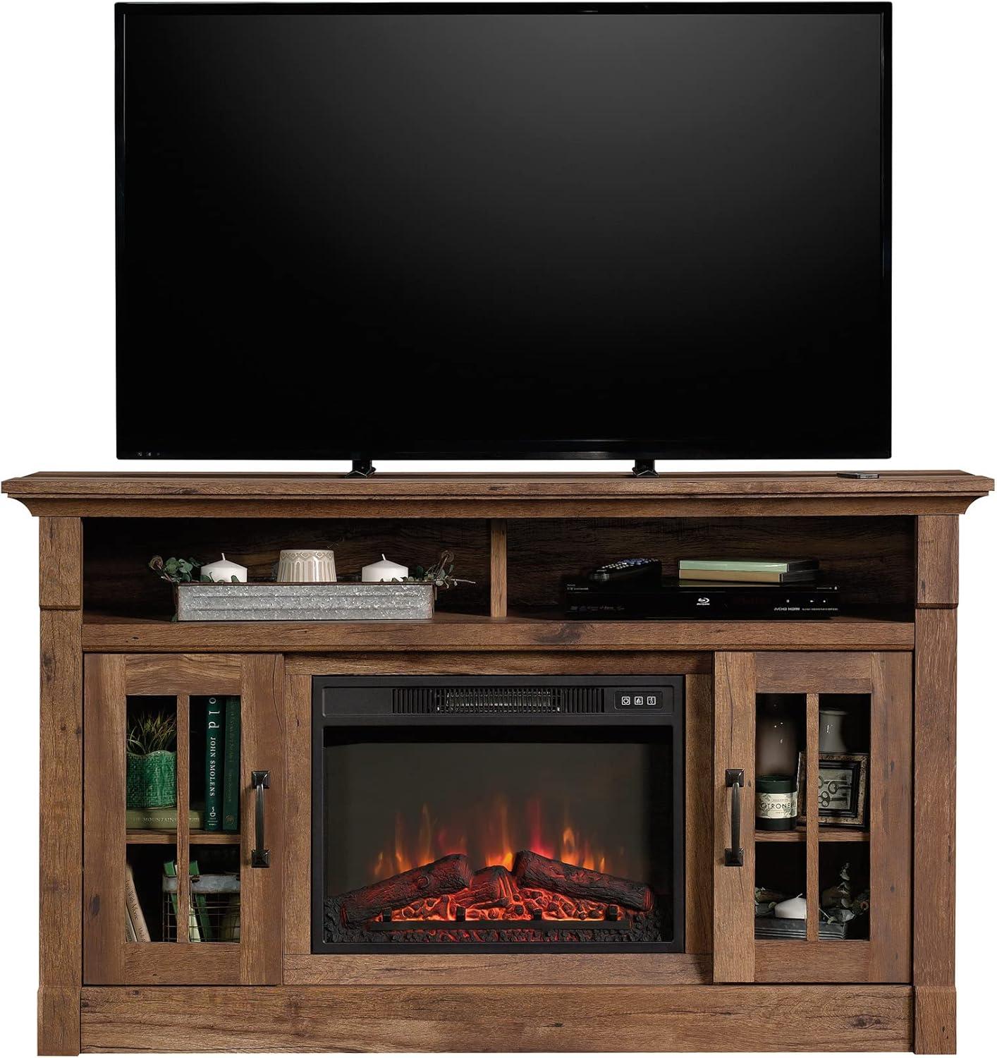 Sauder Fireplace TV Stand with Glass Doors for TVs up to 65", Vintage Oak Finish