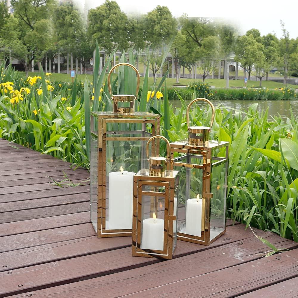 Set of 3 12/15/19 inch Metal Lanterns with Tempered Glass (Gold )