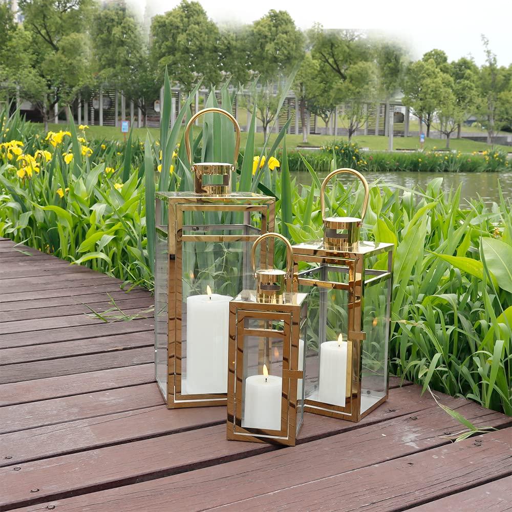 Set of 3 12/15/19 inch Metal Lanterns with Tempered Glass (Gold )