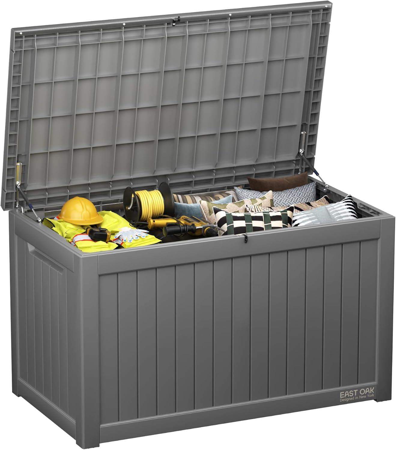 East Oak 230 gal Waterproof Resin Deck Box Gray: Weather-Resistant with Hydraulic Lid & Zinc Alloy Lock