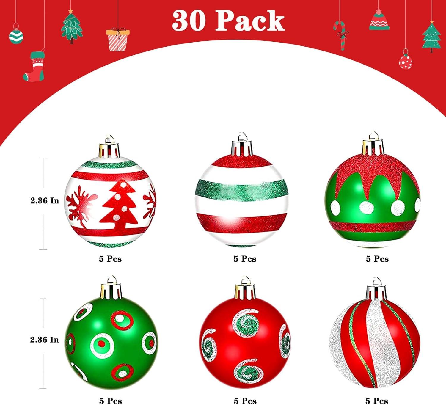 30 Pcs 2.36 Inch Christmas Tree Ball Ornaments Set Red Green Glittering Hanging Christmas Ball Ornaments Home Decorations