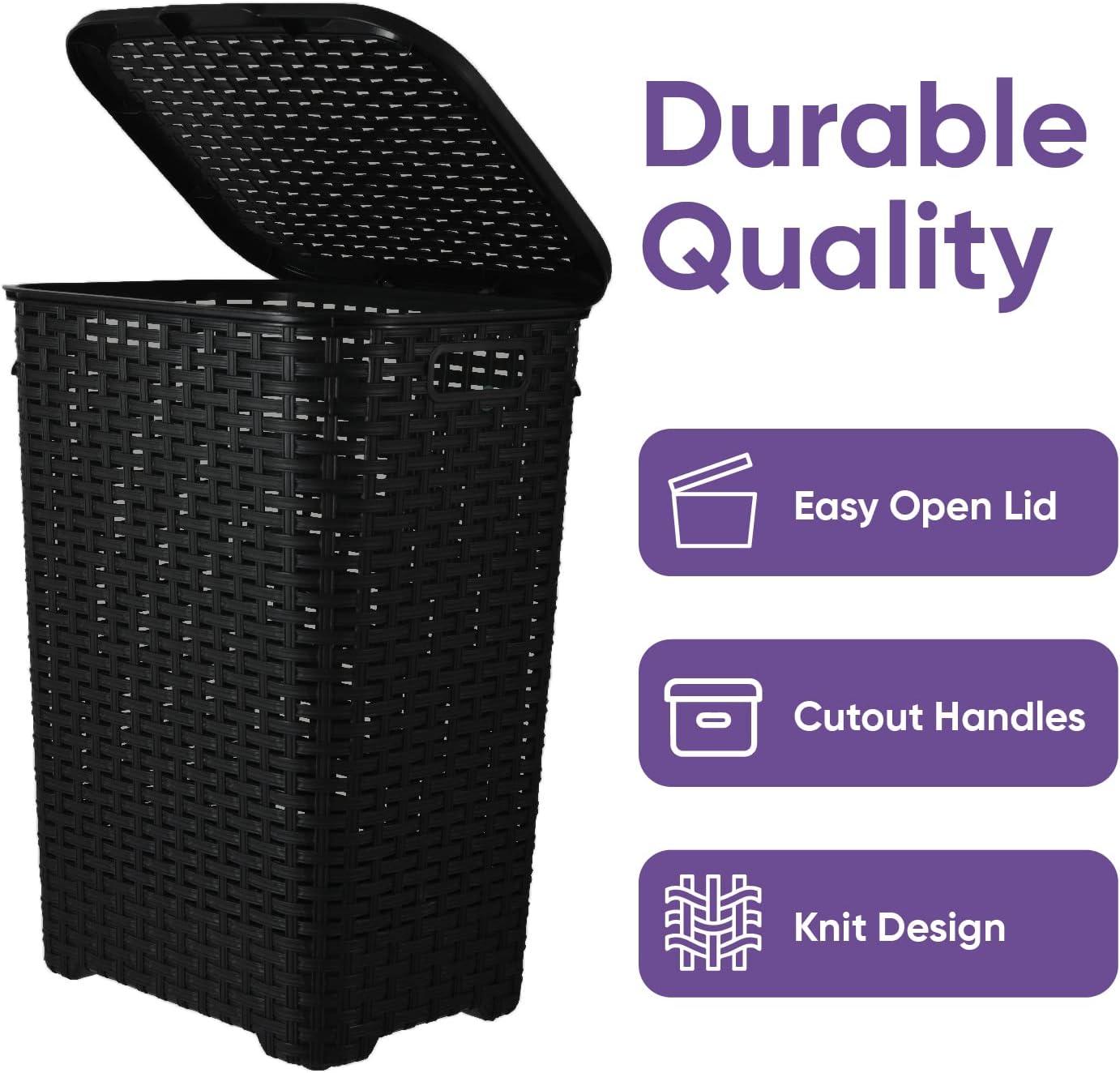 Laundry Basket, Laundry Hamper with Lid, Large 60-liter Wicker Style Hamper with Cutout Handle, to Storage Dirty Clothes in Washroom, Bathroom, Bedroom, or Dorm Room, Grey Color. By Superio