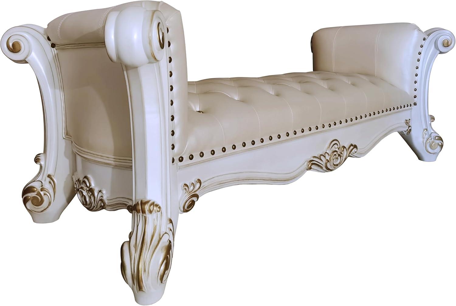 Acme Furniture 74" Vendome Ottoman and Bench Pearl Synthetic Leather and Antique Pearl Finish: Linen Upholstery, Metal Legs, No Tools Assembly