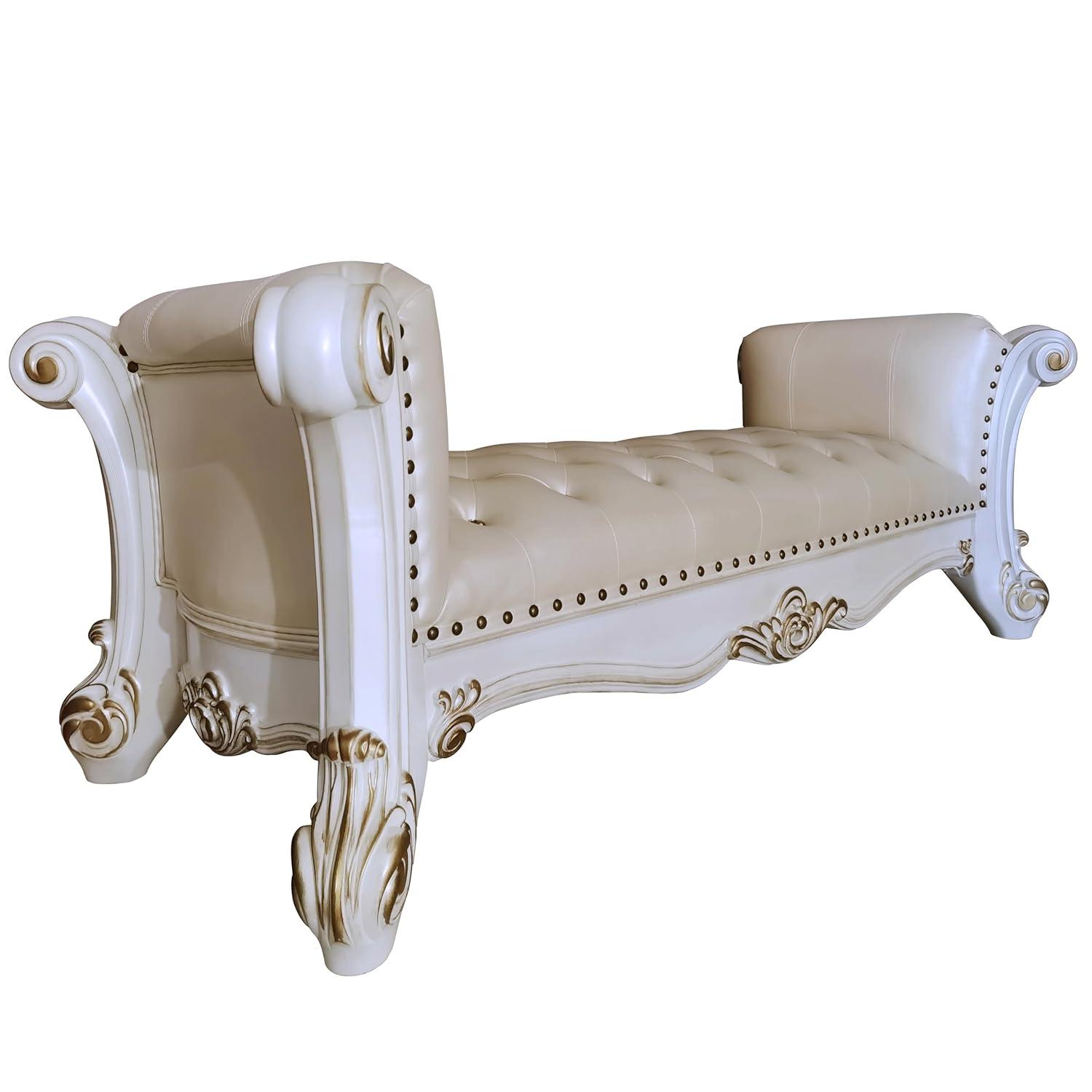 Acme Furniture 74" Vendome Ottoman and Bench Pearl Synthetic Leather and Antique Pearl Finish: Linen Upholstery, Metal Legs, No Tools Assembly