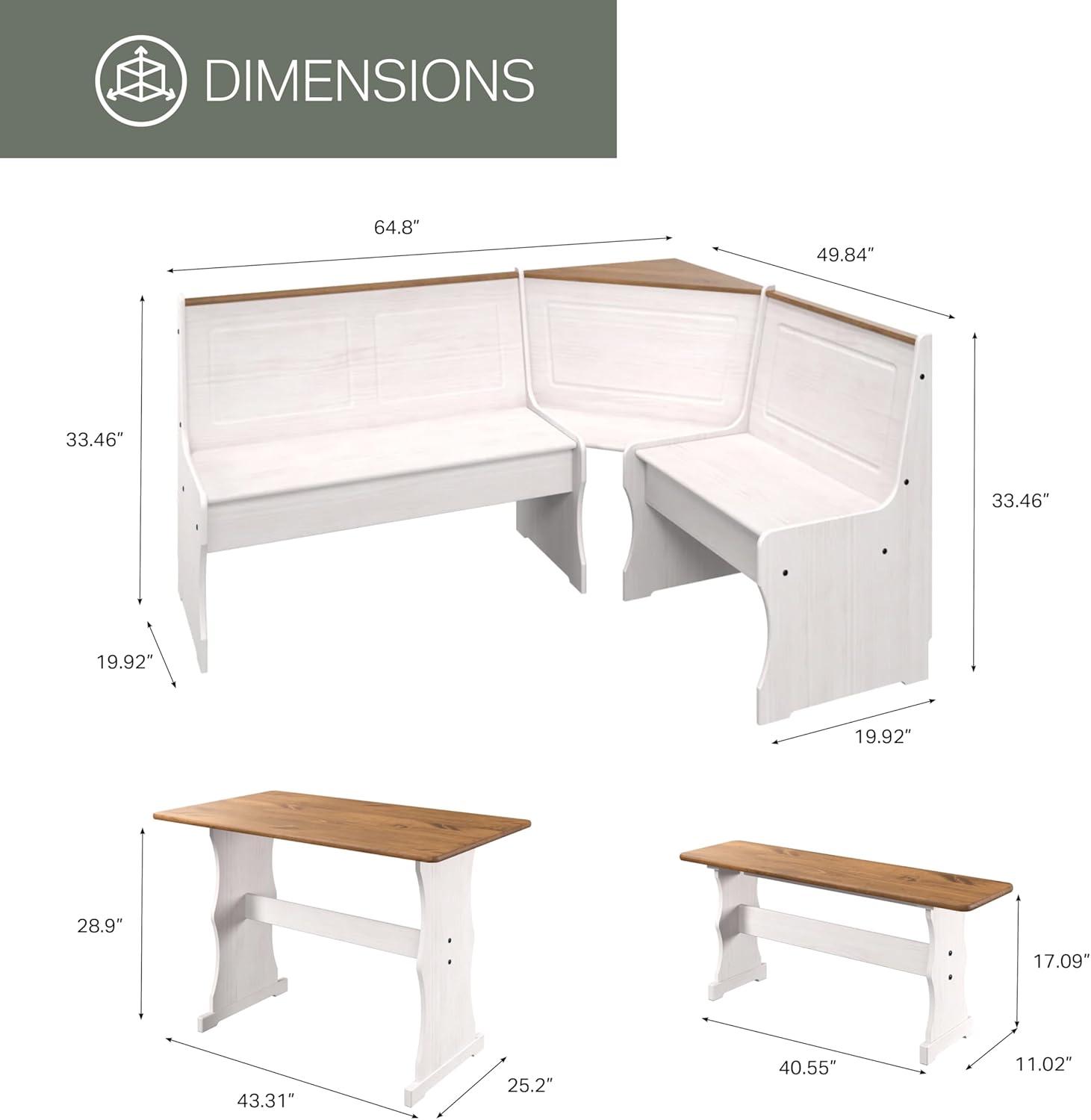 OS Home and Office Furniture Solid Pine Corner Dining Booth in White