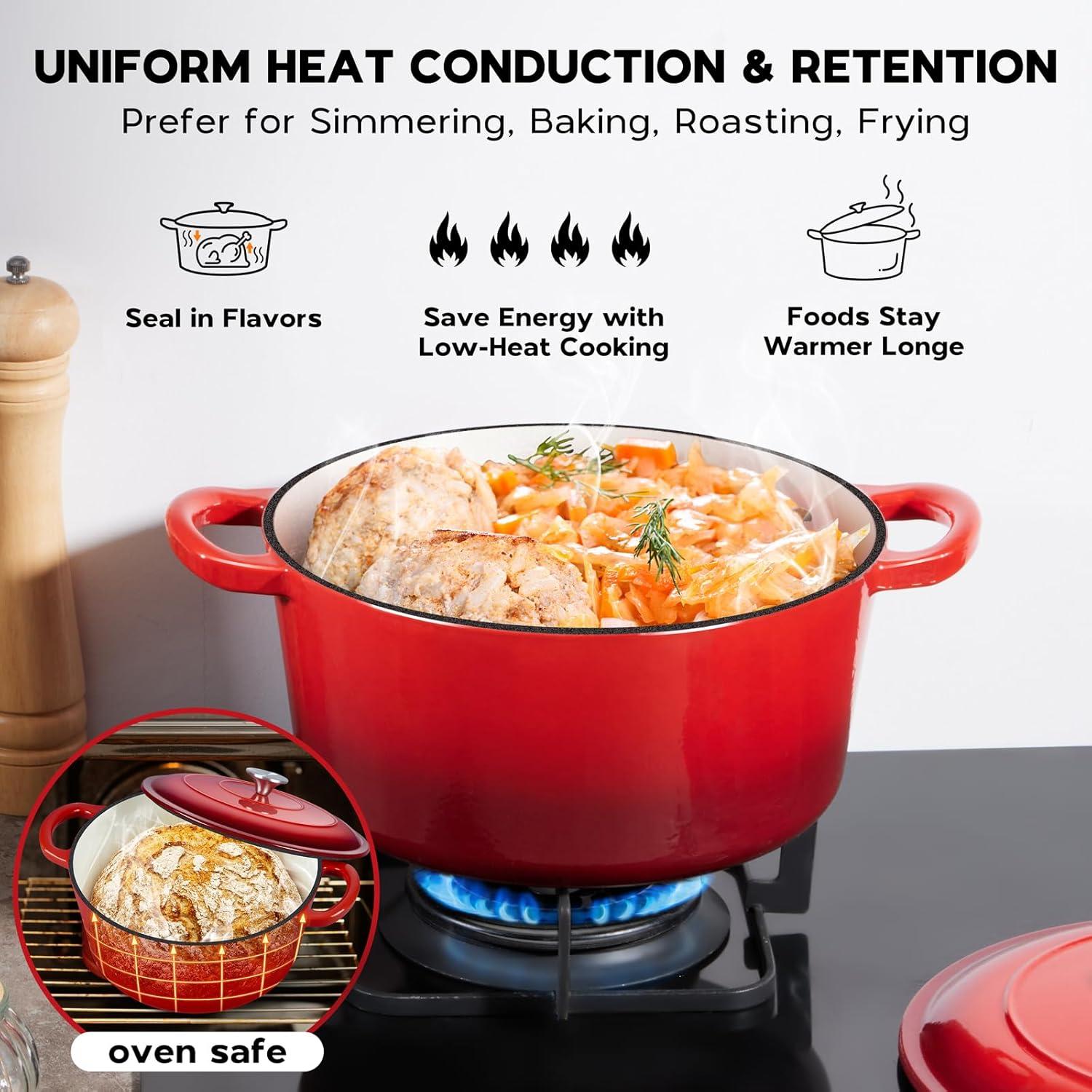 Onader 5QT Enameled Cast Iron Dutch Oven, Round Dutch Oven Pot with Lid for Sourdough Bread Baking - Red