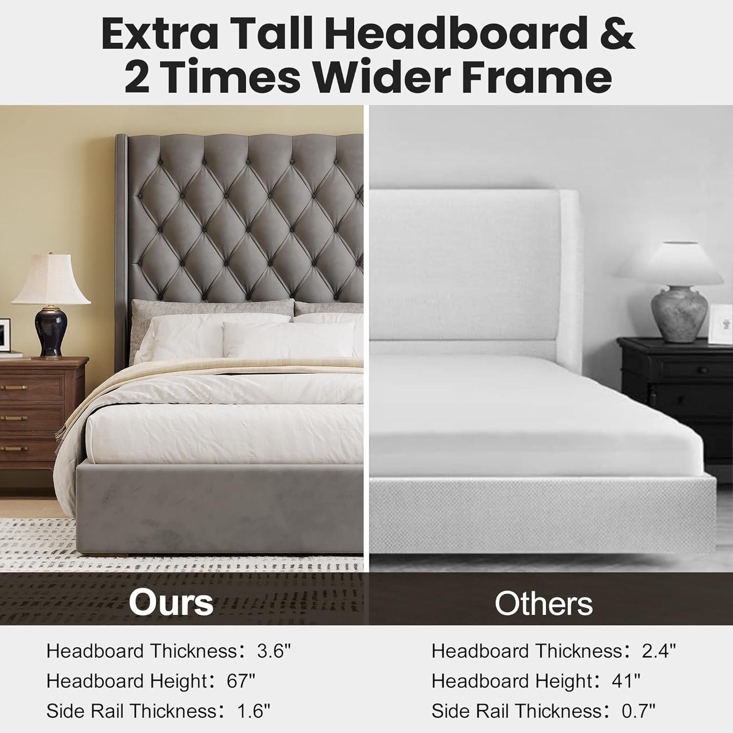 67.5" Tall Headboard Upholstered King Size Bed with Vertical Striped and Wingback Design, Box Spring Needed, Linen