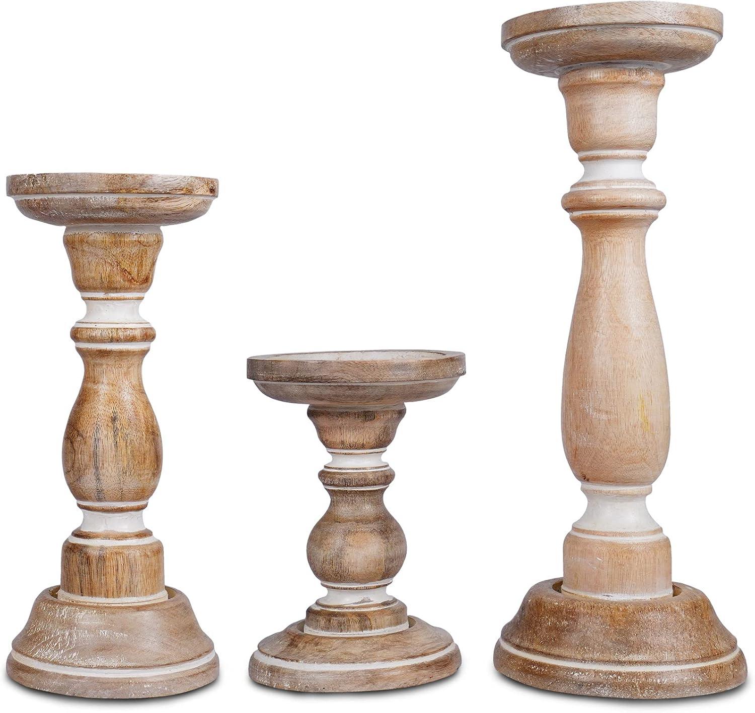 Mela Artisans White Wood Candle Holders, Table Centerpiece, Made from Mango Wood