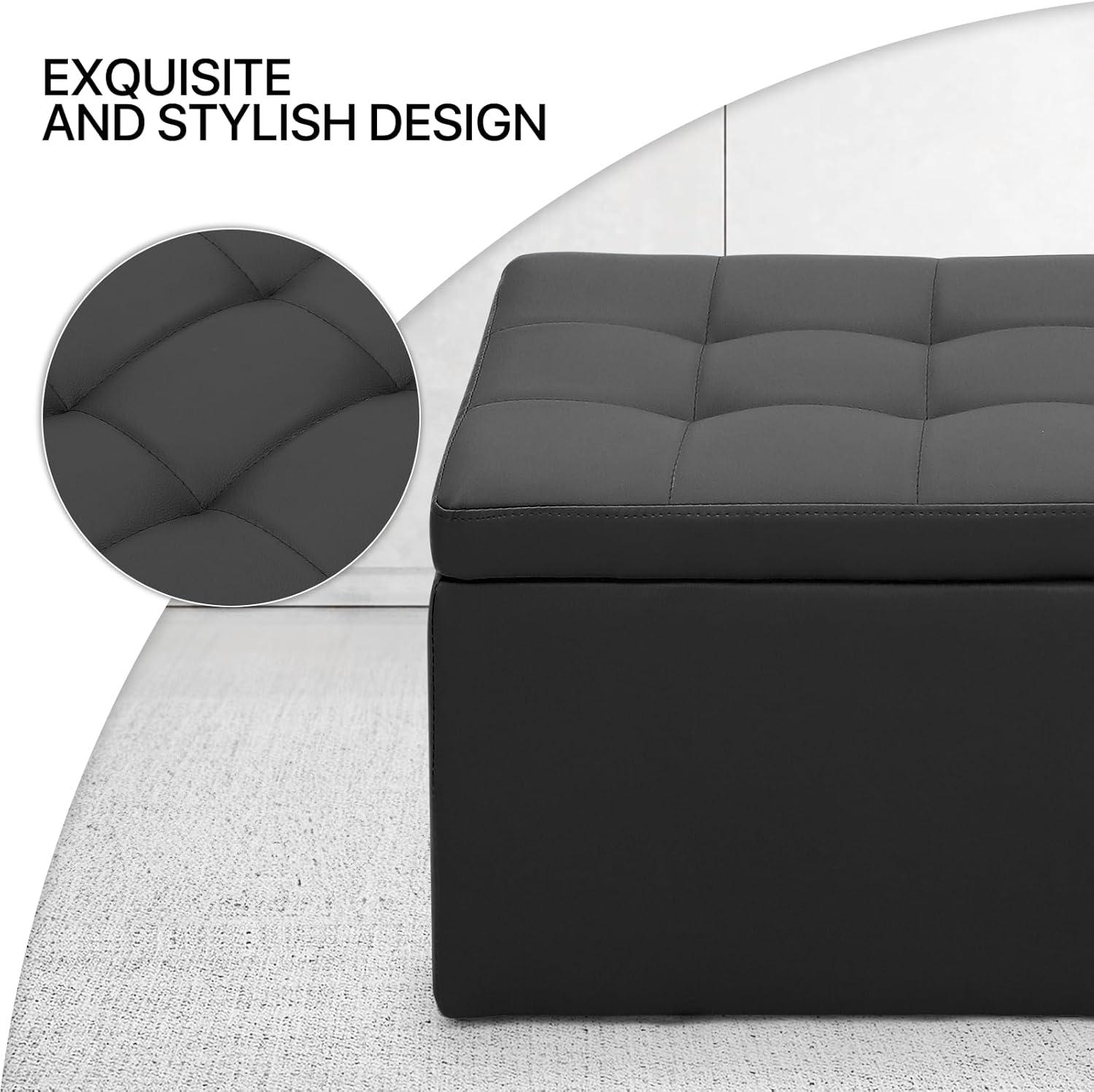 Black PU Leather Button Tufted Storage Ottoman Bench