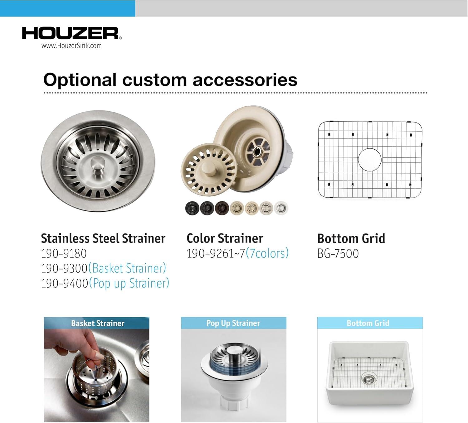 Houzer 30x20 inFireclay Apron Front Single Bowl Kitchen Sink w/ Strainer,Grid-PTS-4100 WH-C